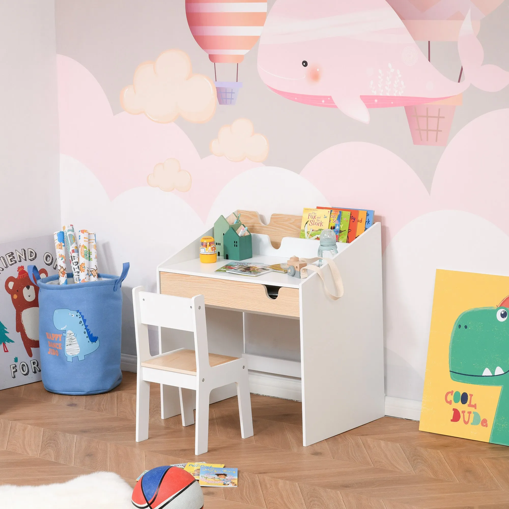 Children's Desk and Chair Set with Drawer and Shelf, Rounded Edges, Ages 6-10, White and Wood - Image 2