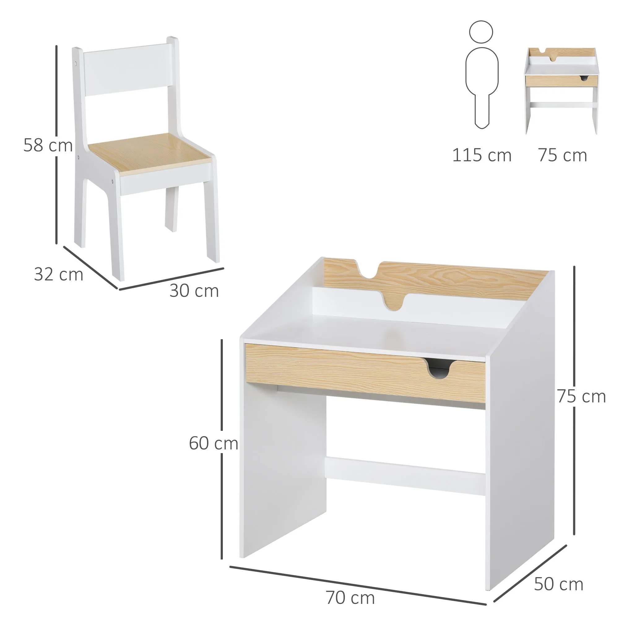Children's Desk and Chair Set with Drawer and Shelf, Rounded Edges, Ages 6-10, White and Wood - Image 3