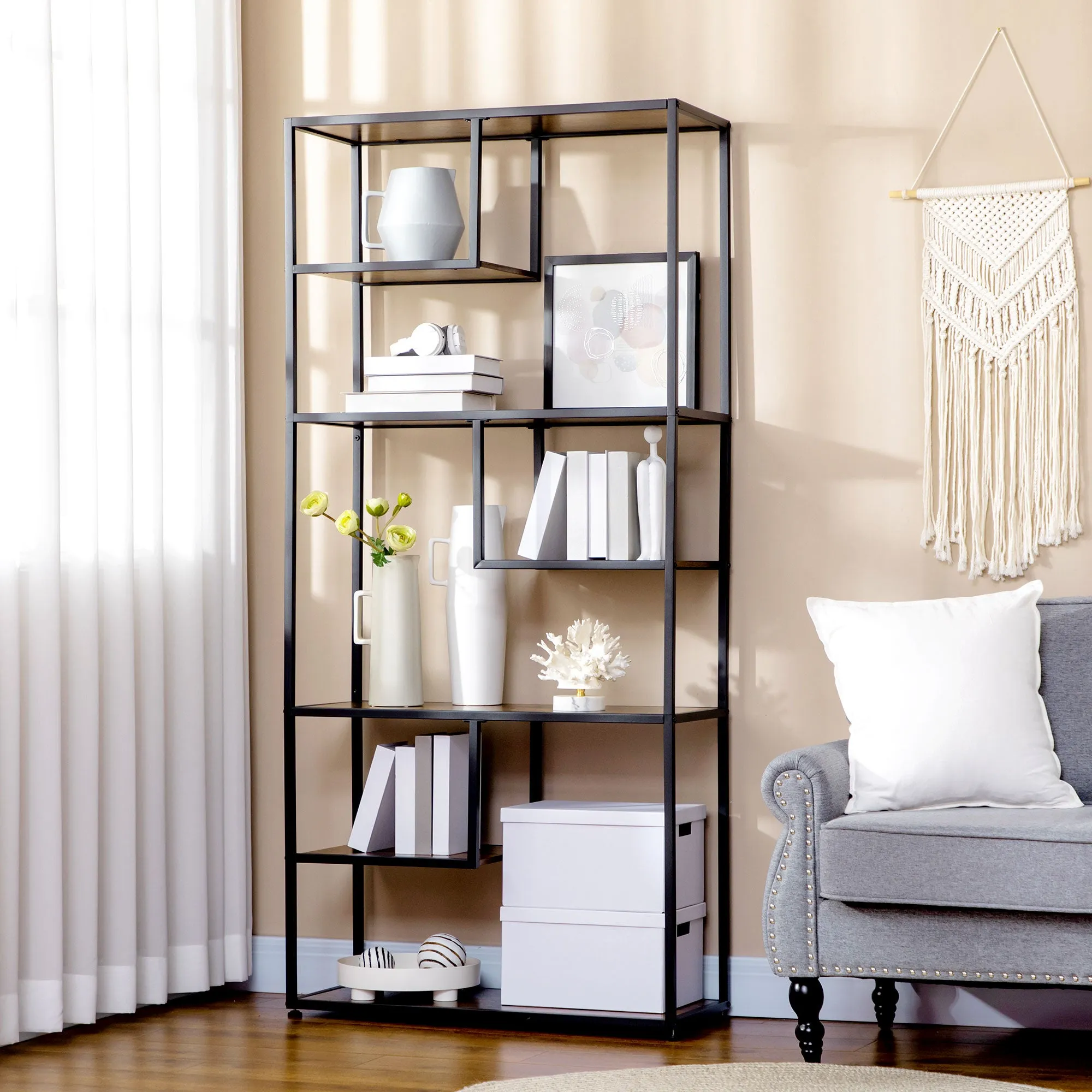 Industrial Style 7-Tier Wood and Steel Bookcase, 83x34x180 cm, Brown - Image 2