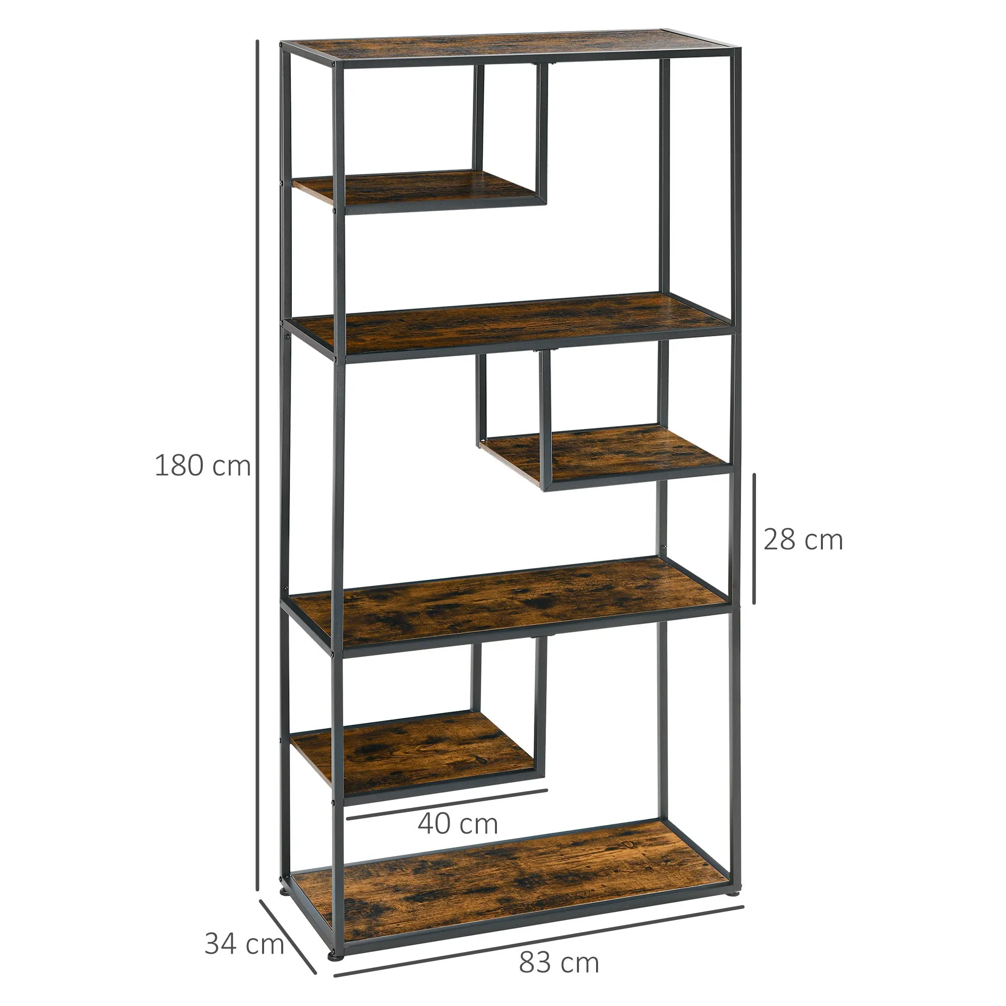 Industrial Style 7-Tier Wood and Steel Bookcase, 83x34x180 cm, Brown - Image 3