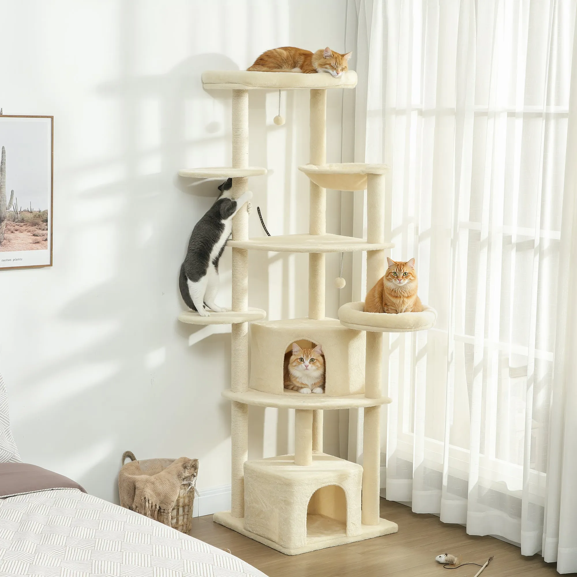 200cm High Multi-Level Cat Tree with 2 Houses, 2 Beds and Hammock, Structure for 2-3 Cats, Beige - Image 2