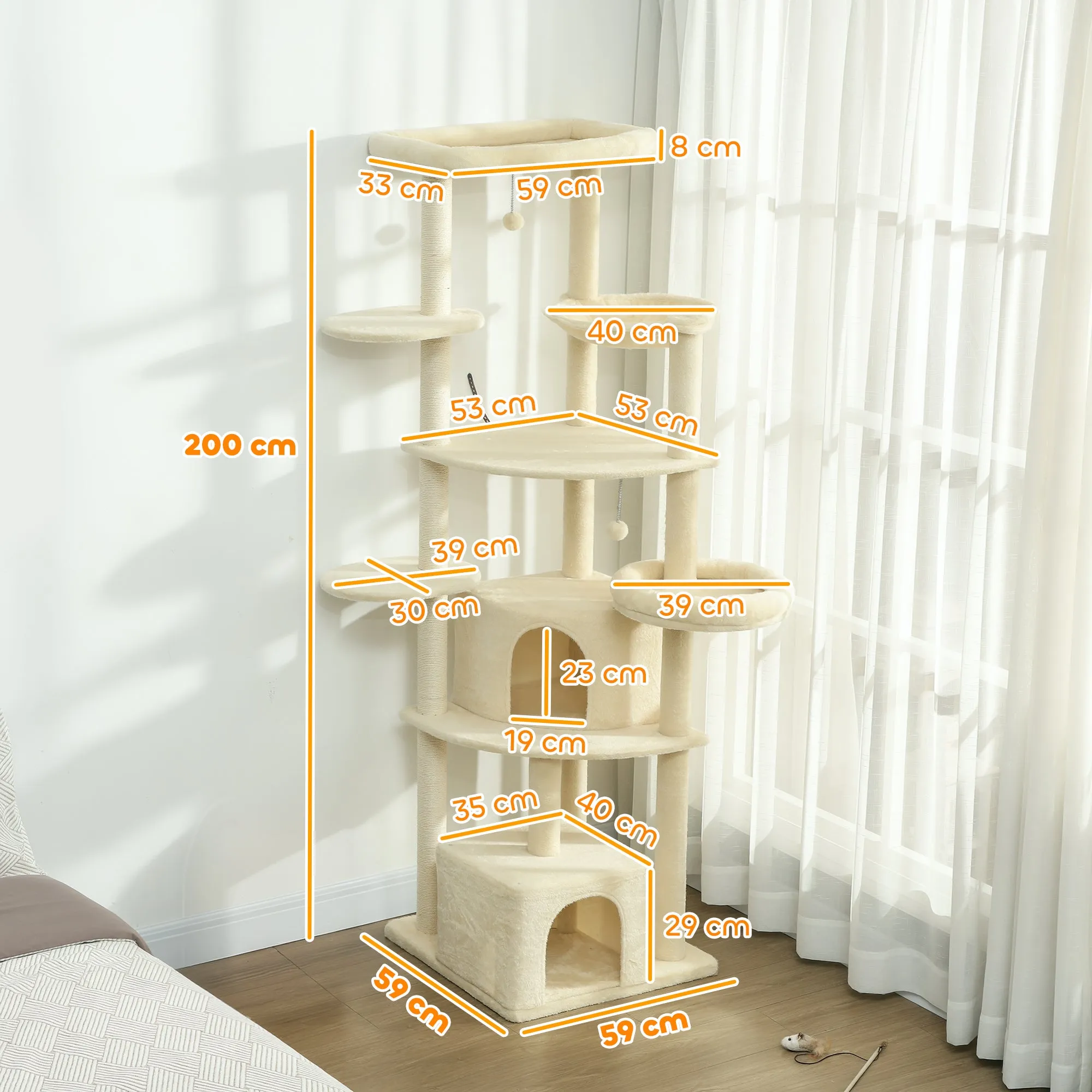 200cm High Multi-Level Cat Tree with 2 Houses, 2 Beds and Hammock, Structure for 2-3 Cats, Beige - Image 3