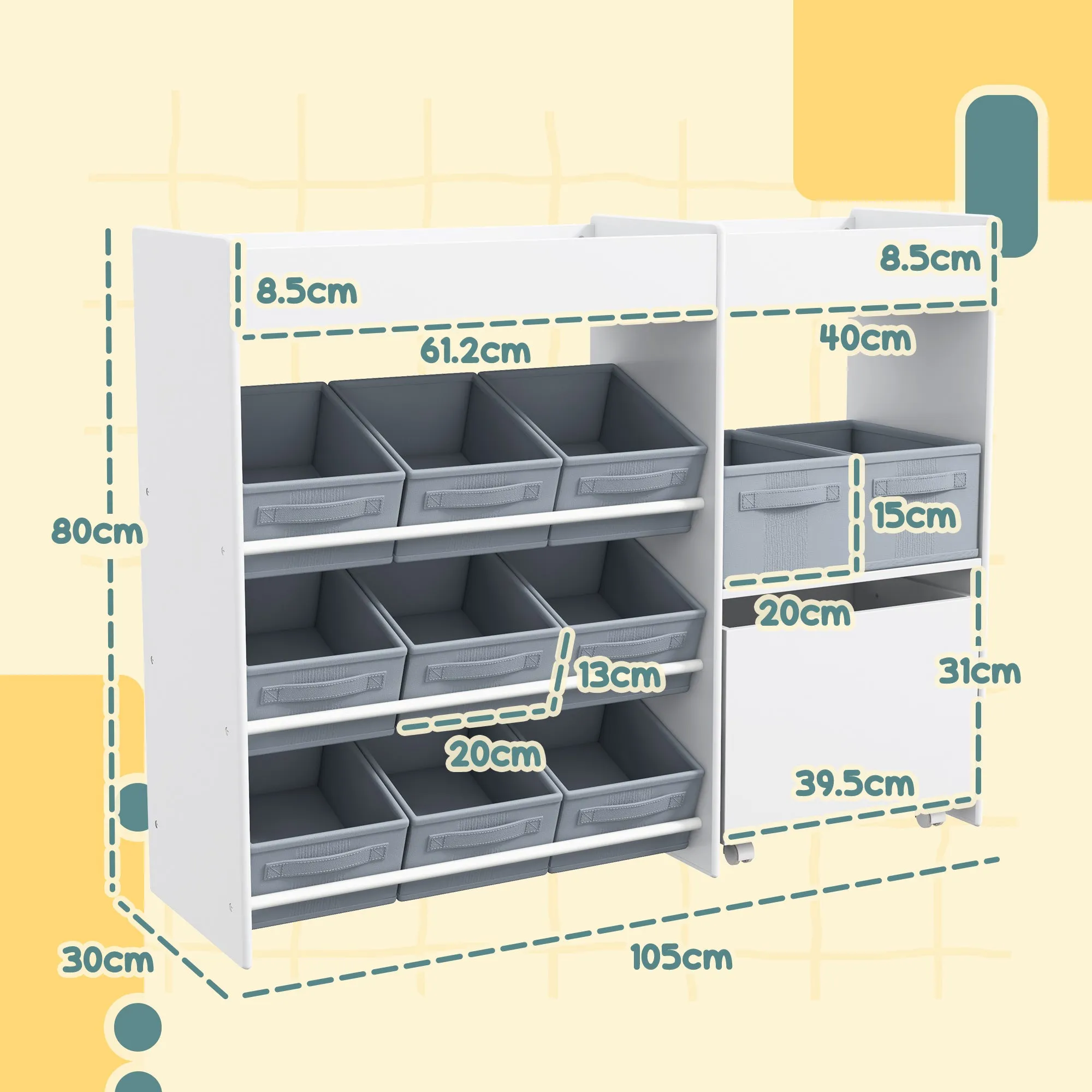 Children's Toy Storage Cabinet with 11 Fabric Baskets, Cabinet and Shelves, 105x30x80 cm, White - Image 3
