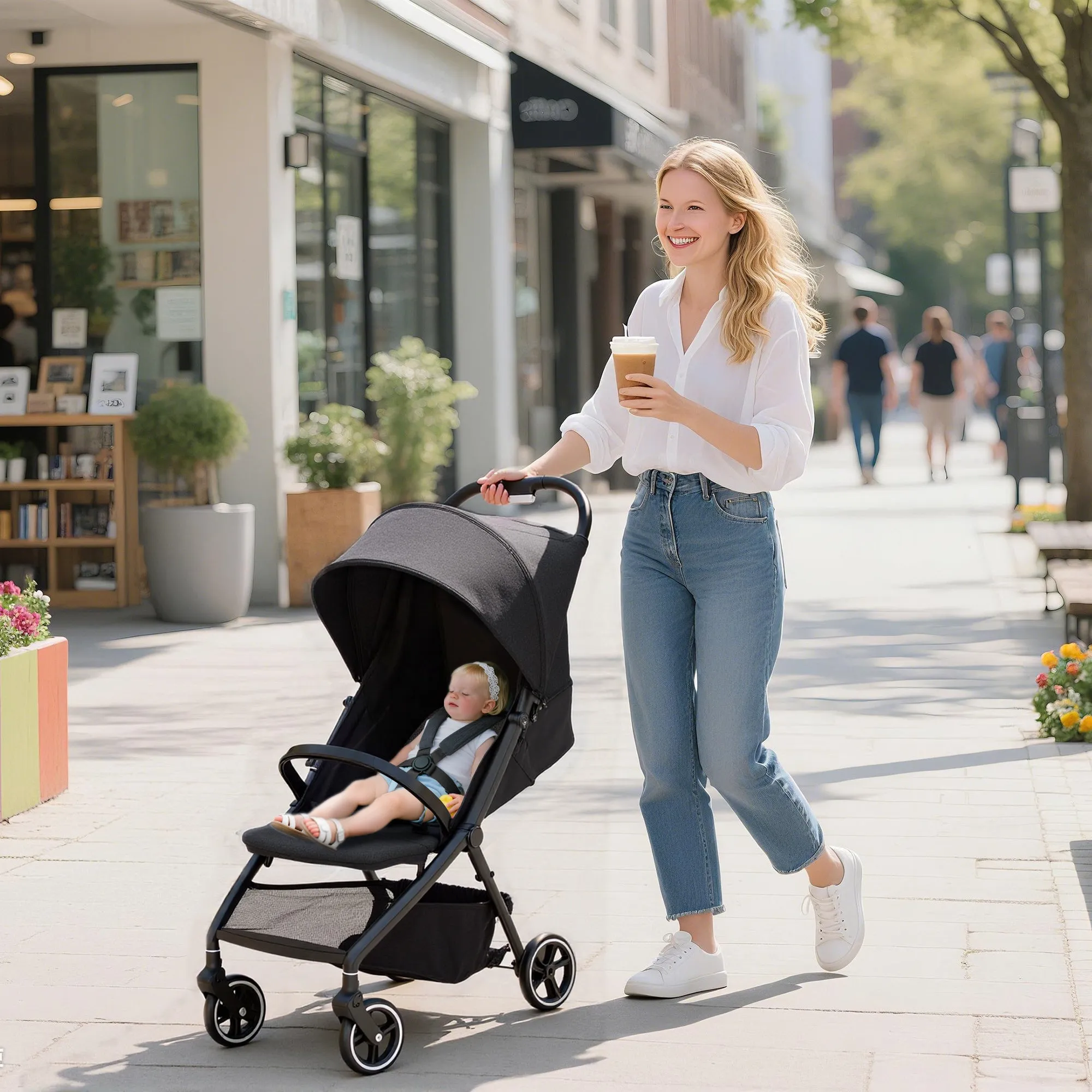 Baby Stroller for 0-3 Years Old, Foldable and Lightweight with Adjustable Backrest, Canopy, Basket, Dark Grey - Image 2