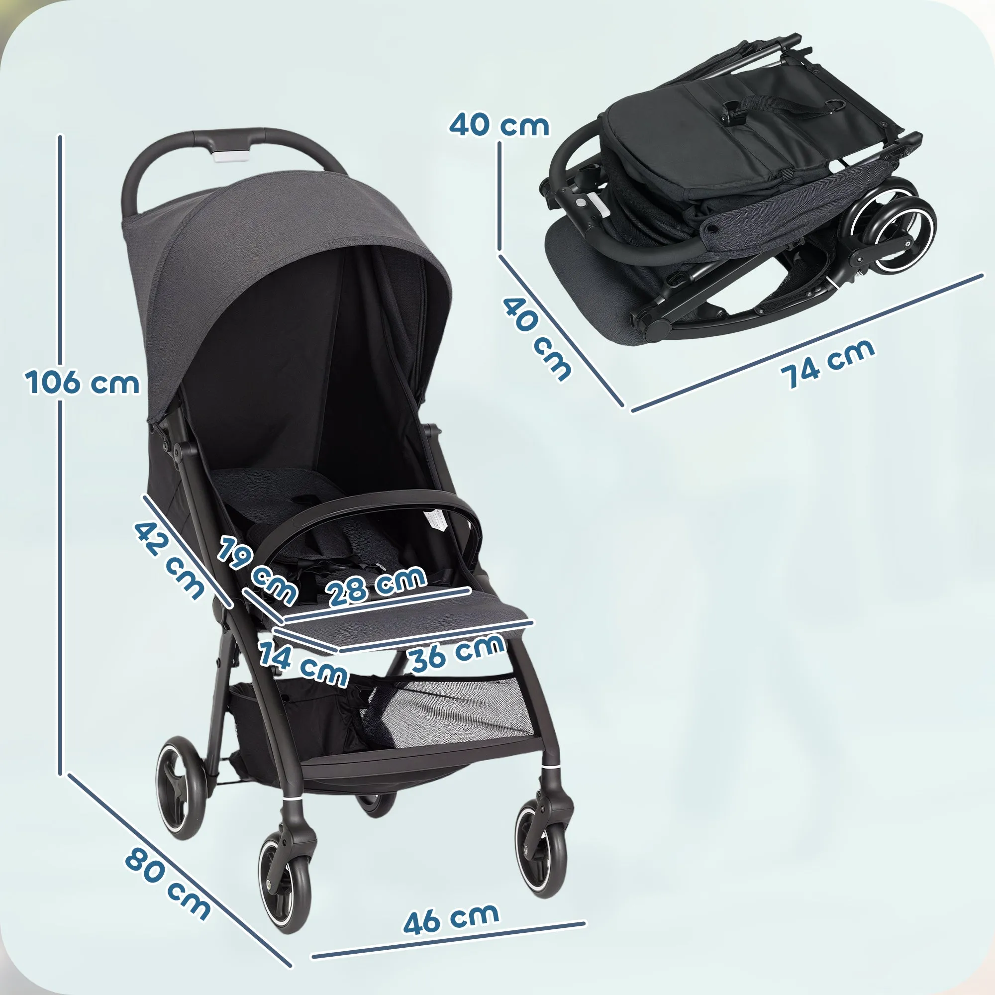 Baby Stroller for 0-3 Years Old, Foldable and Lightweight with Adjustable Backrest, Canopy, Basket, Dark Grey - Image 3