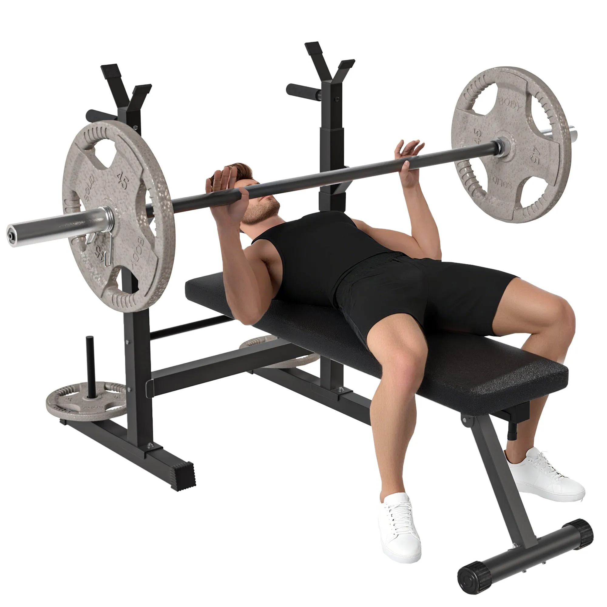 Folding Weight Bench with 8 Adjustable Heights and Steel and PU Barbell Rack, 140x73x98-122 cm, Black