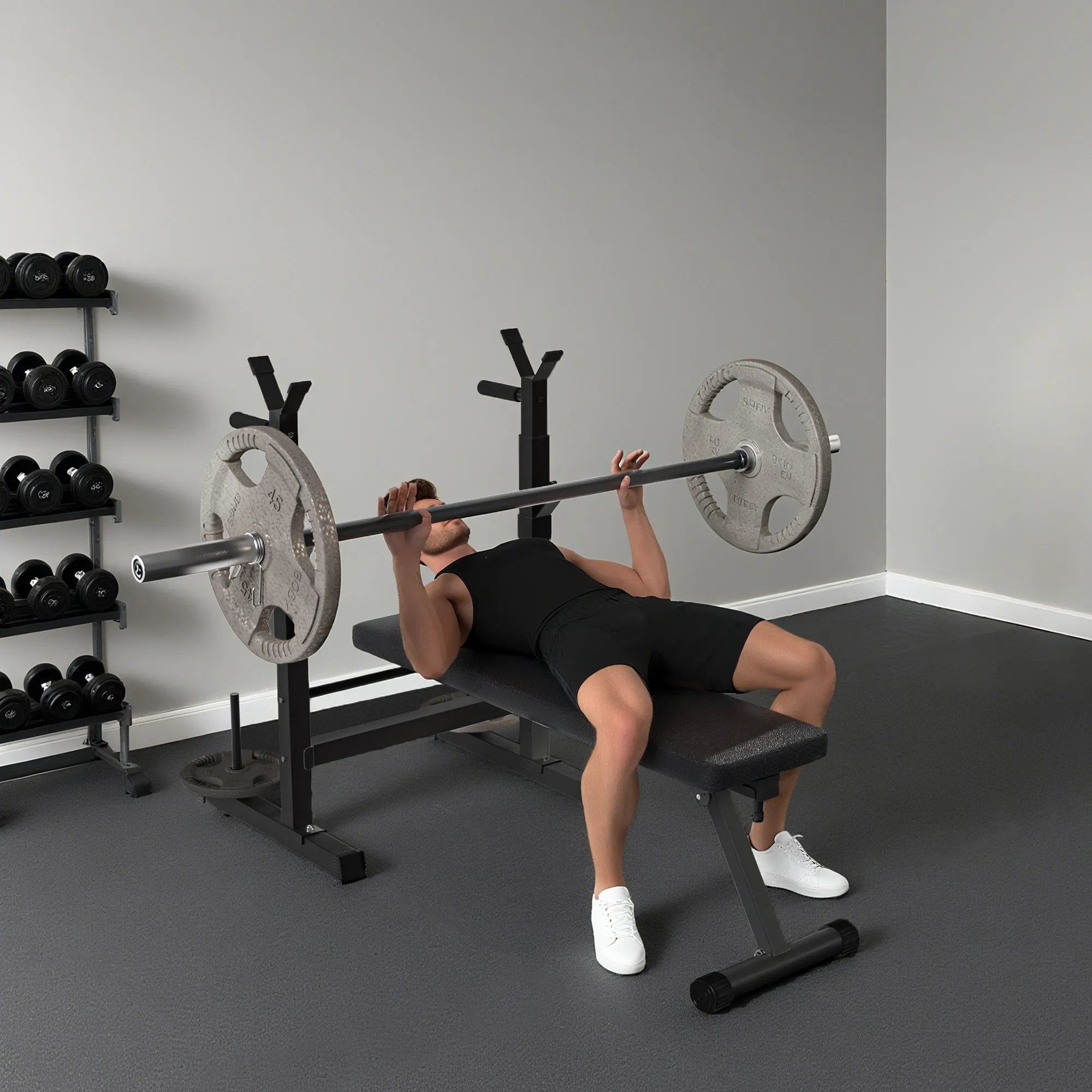 Folding Weight Bench with 8 Adjustable Heights and Steel and PU Barbell Rack, 140x73x98-122 cm, Black - Image 2
