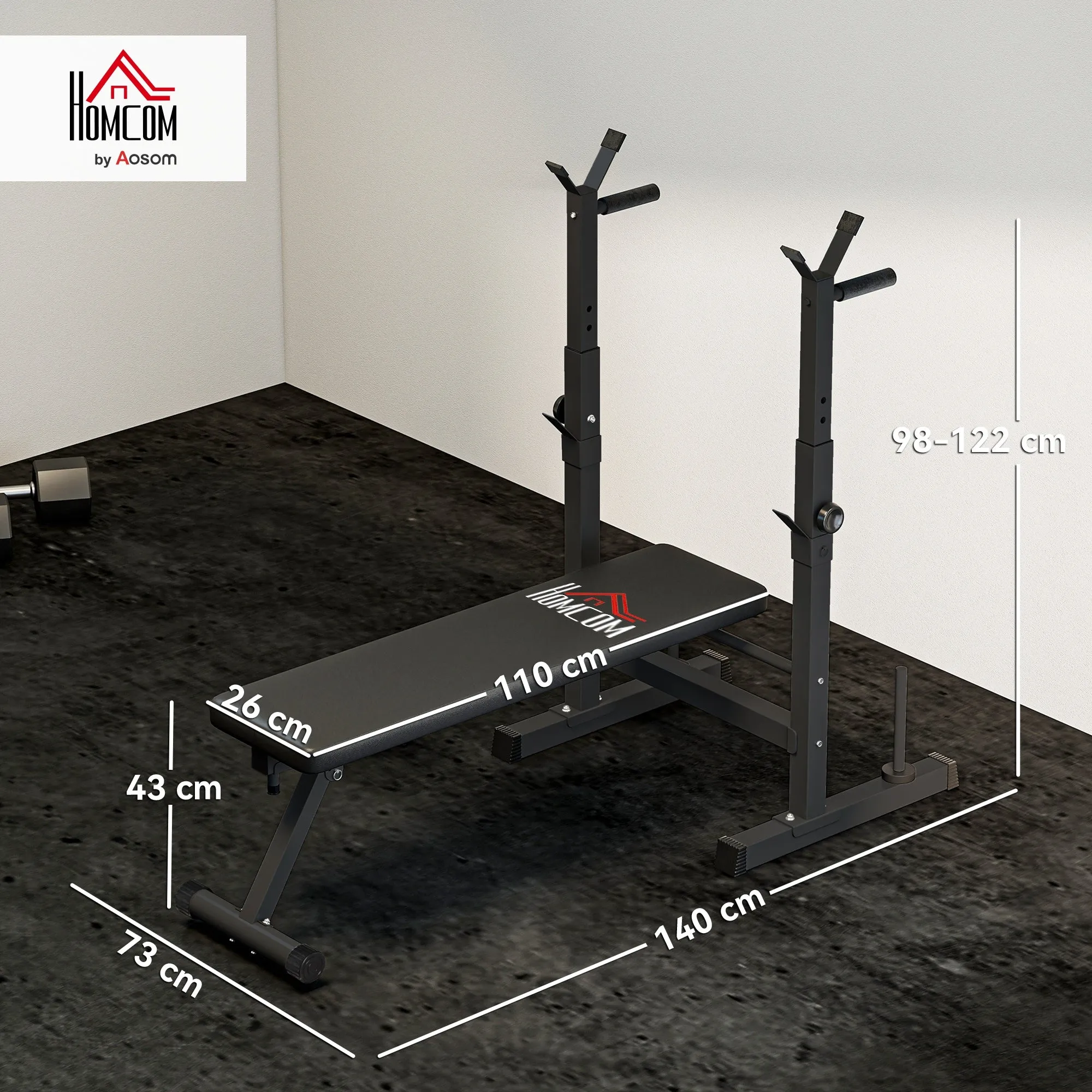 Folding Weight Bench with 8 Adjustable Heights and Steel and PU Barbell Rack, 140x73x98-122 cm, Black - Image 3