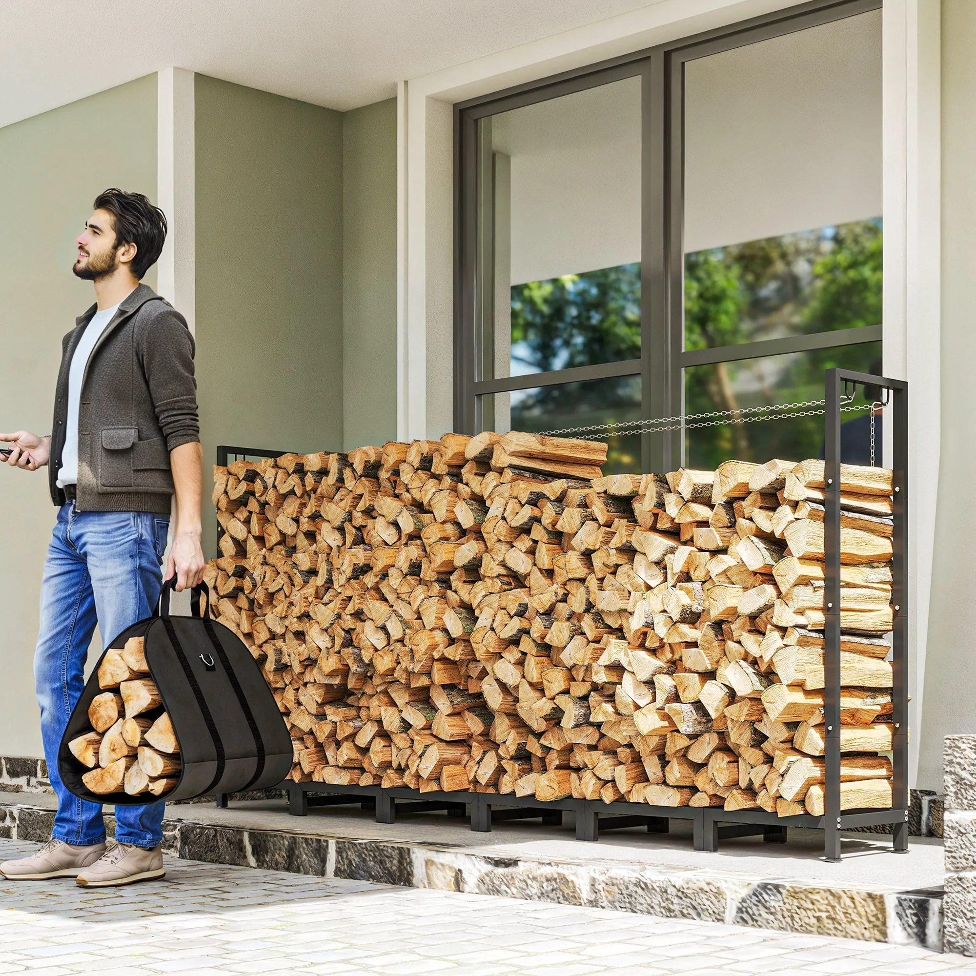 0.8m³ Adjustable Firewood Shed with Waterproof Tarpaulin and Steel Chains, 235x31x116cm, Black - Image 2