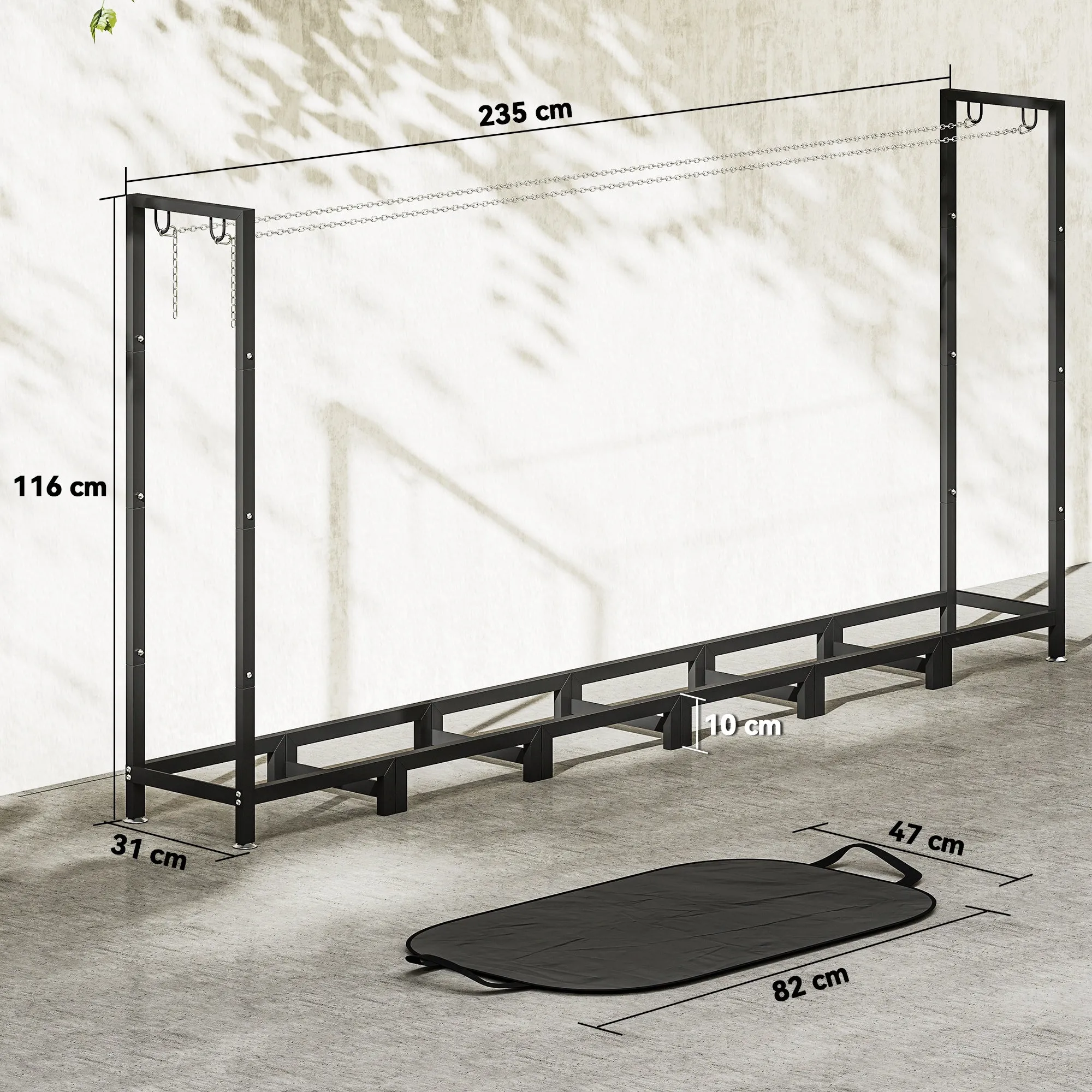 0.8m³ Adjustable Firewood Shed with Waterproof Tarpaulin and Steel Chains, 235x31x116cm, Black - Image 3