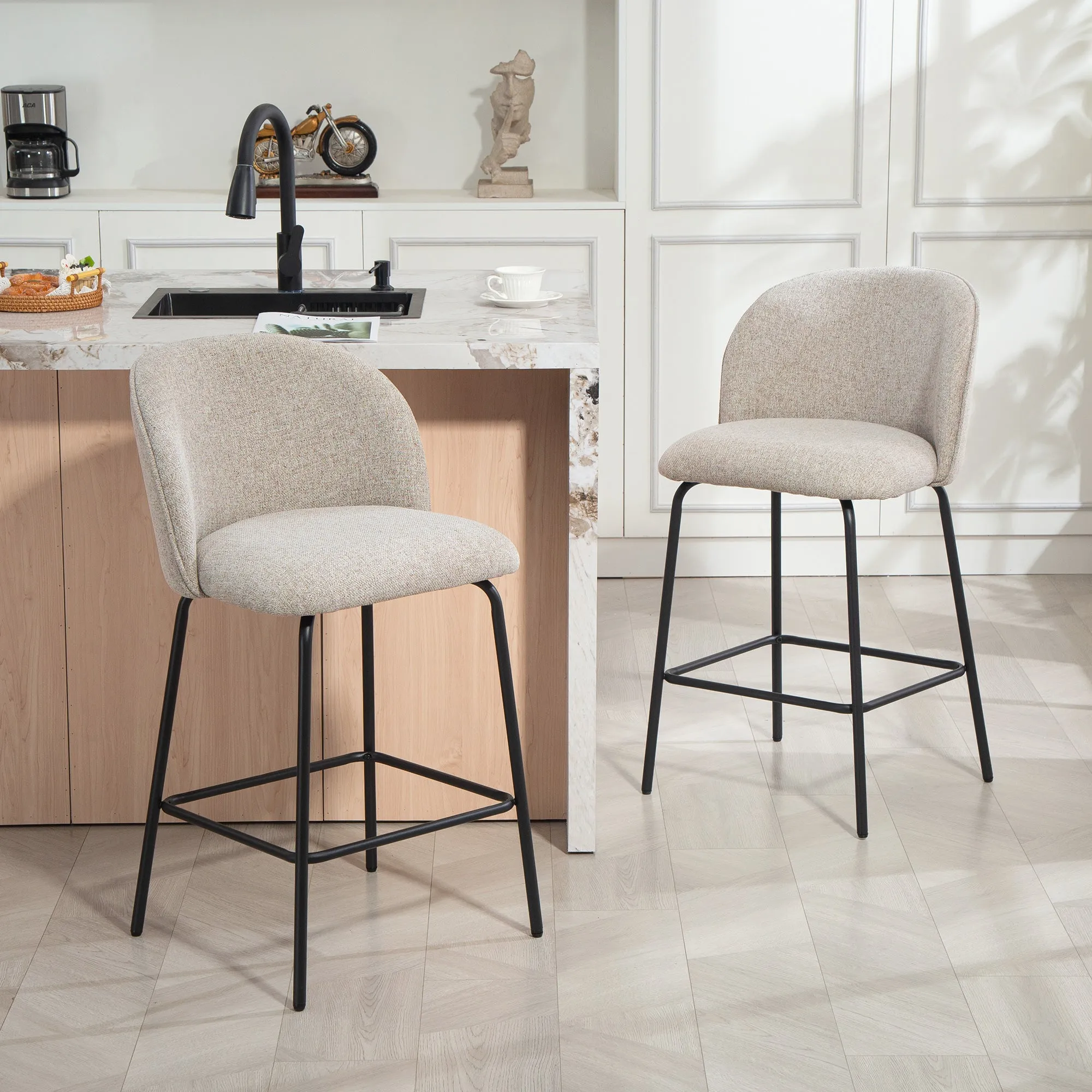 Set of 2 Bar Stools with Backrest and Footrest, Fabric Upholstery and Steel Legs, Grey - Image 2