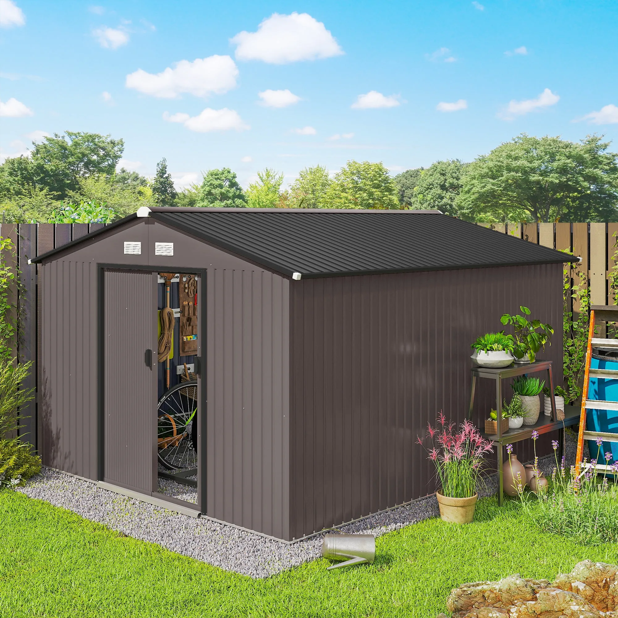 Garden Shed with 2 Sliding Doors and 4 Air Vents in Steel, 322x277x192 cm, Brown - Image 2