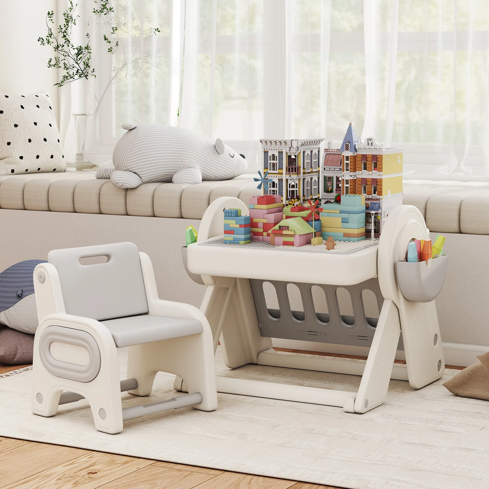 Multipurpose Children's Table with Storage Shelf and Drawers, in HDPE and PP, Grey and White - Image 2