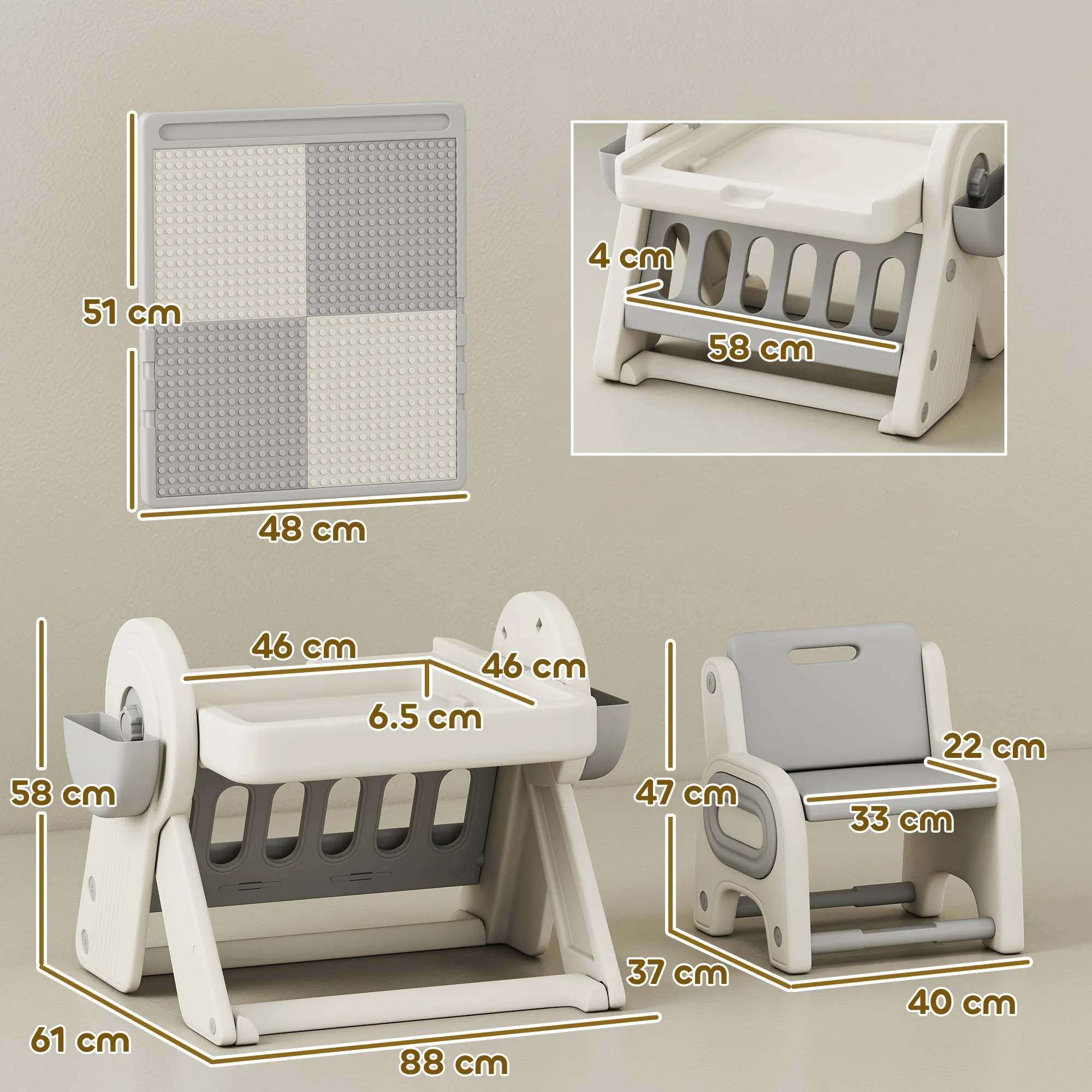 Multipurpose Children's Table with Storage Shelf and Drawers, in HDPE and PP, Grey and White - Image 3