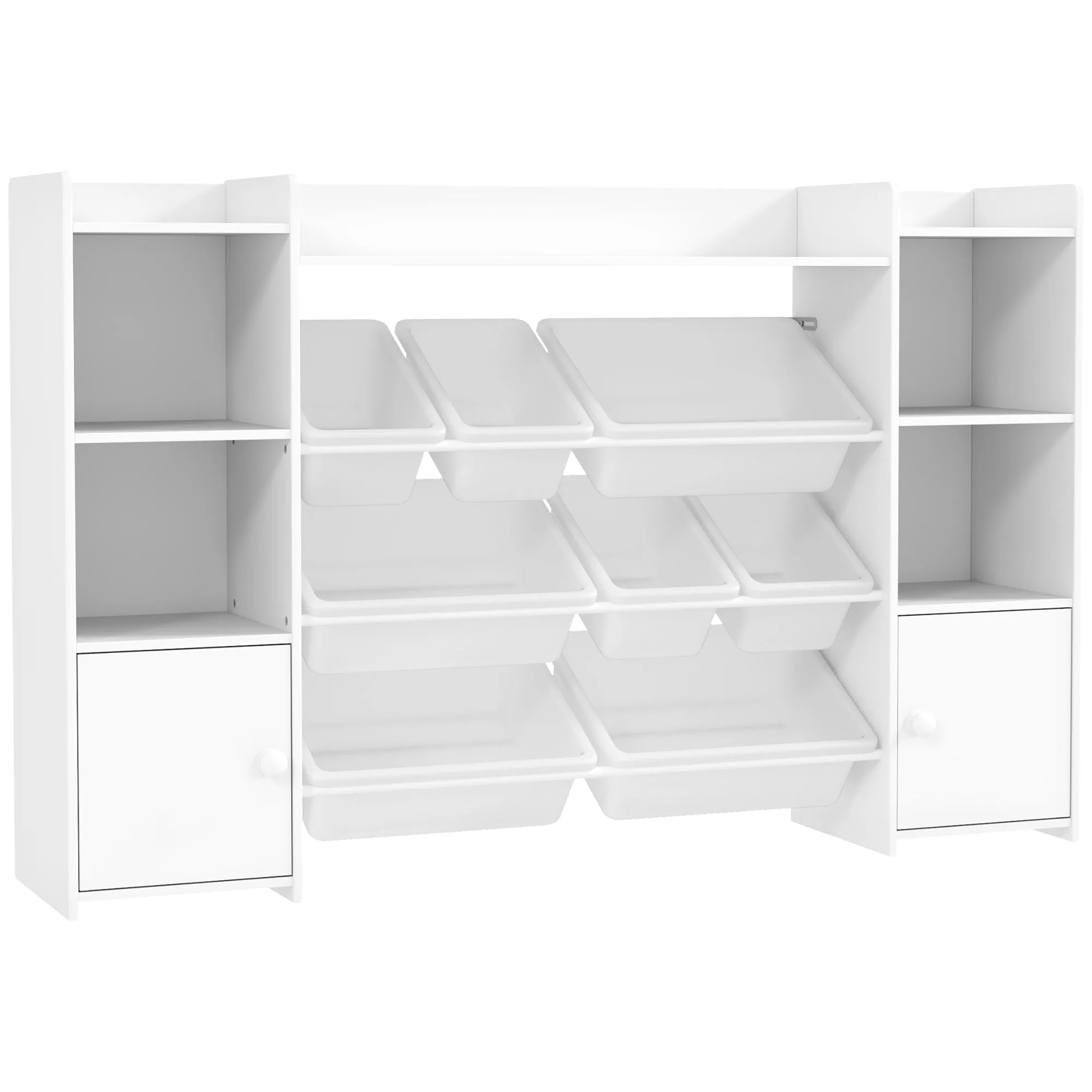 Children's Toy Storage Rack with 8 Removable Bins and Cabinets, 140x30x90 cm, White