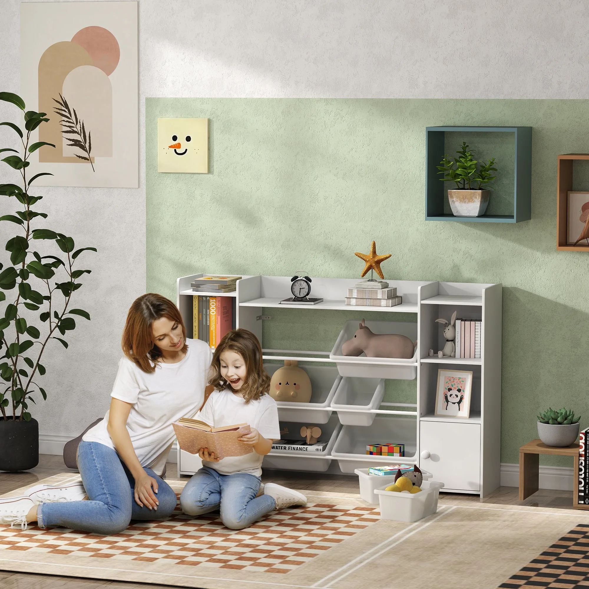 Children's Toy Storage Rack with 8 Removable Bins and Cabinets, 140x30x90 cm, White - Image 2