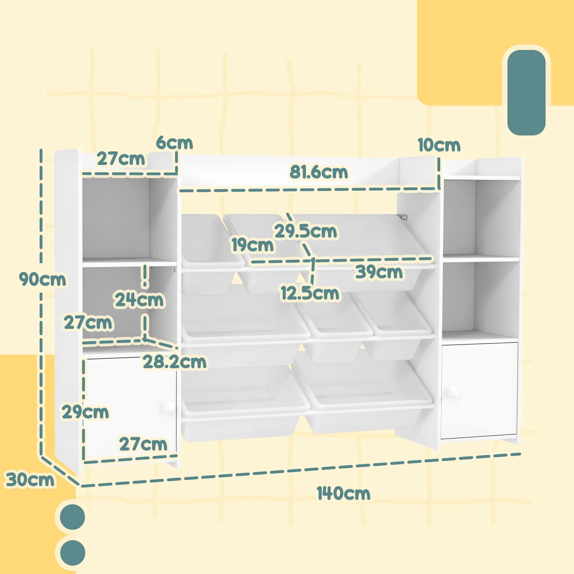 Children's Toy Storage Rack with 8 Removable Bins and Cabinets, 140x30x90 cm, White - Image 3