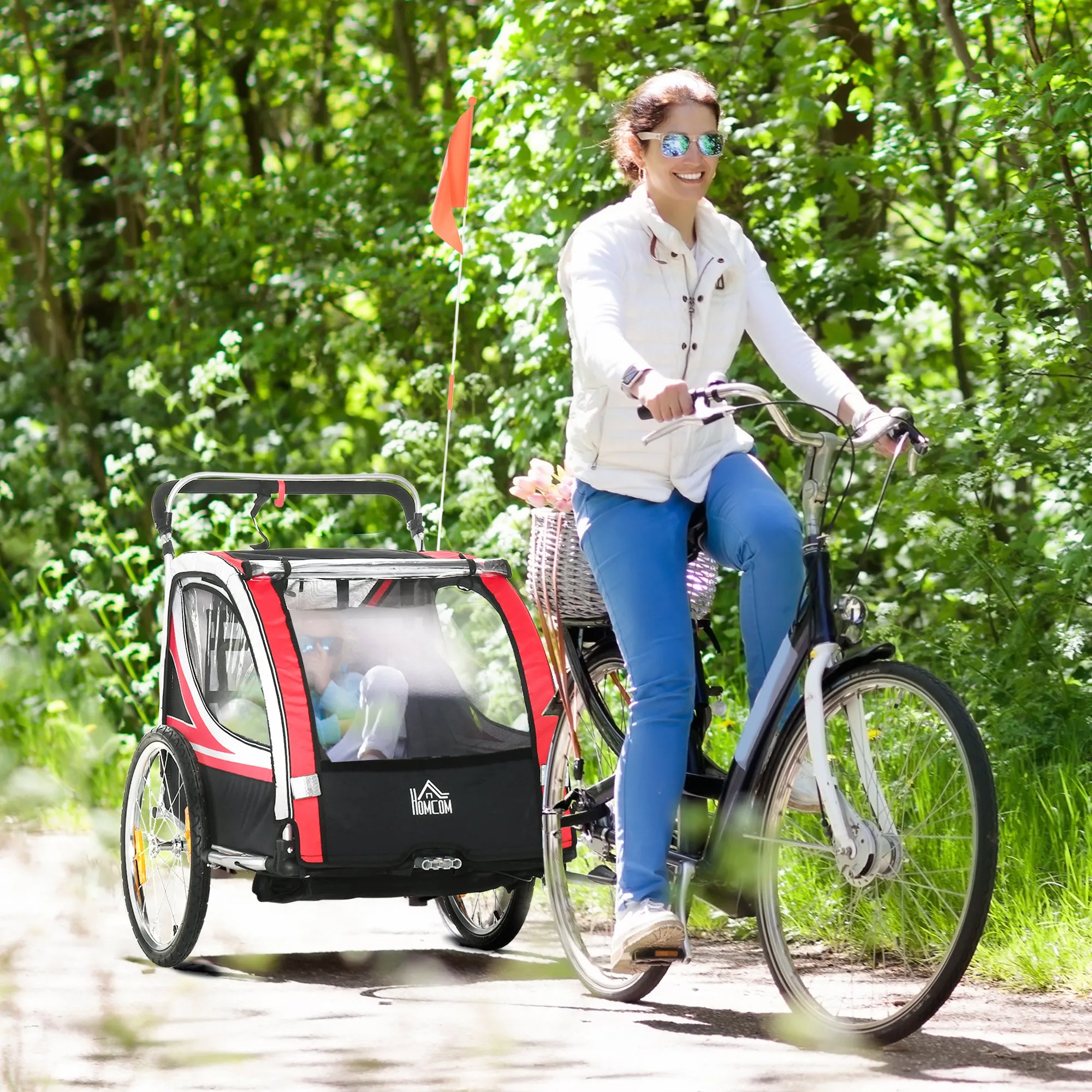 Kids Bike Trailer and Stroller, 2-in-1 Design with Brake, 5-Point Harness, Bicycle Trailer with Side Pockets, Reflectors and Flag, Red - Image 2