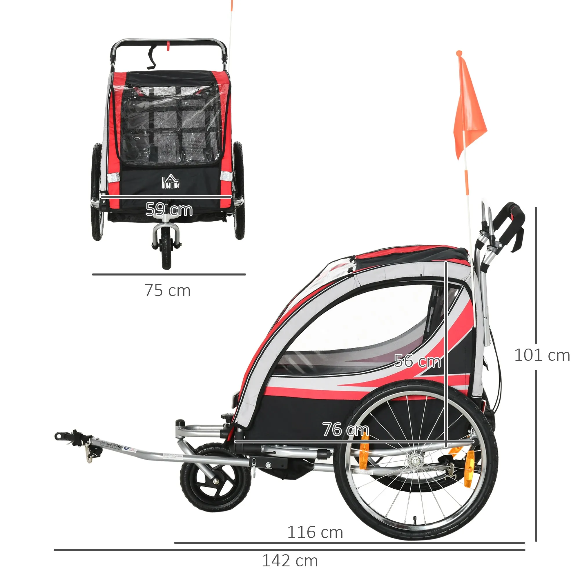 Kids Bike Trailer and Stroller, 2-in-1 Design with Brake, 5-Point Harness, Bicycle Trailer with Side Pockets, Reflectors and Flag, Red - Image 3