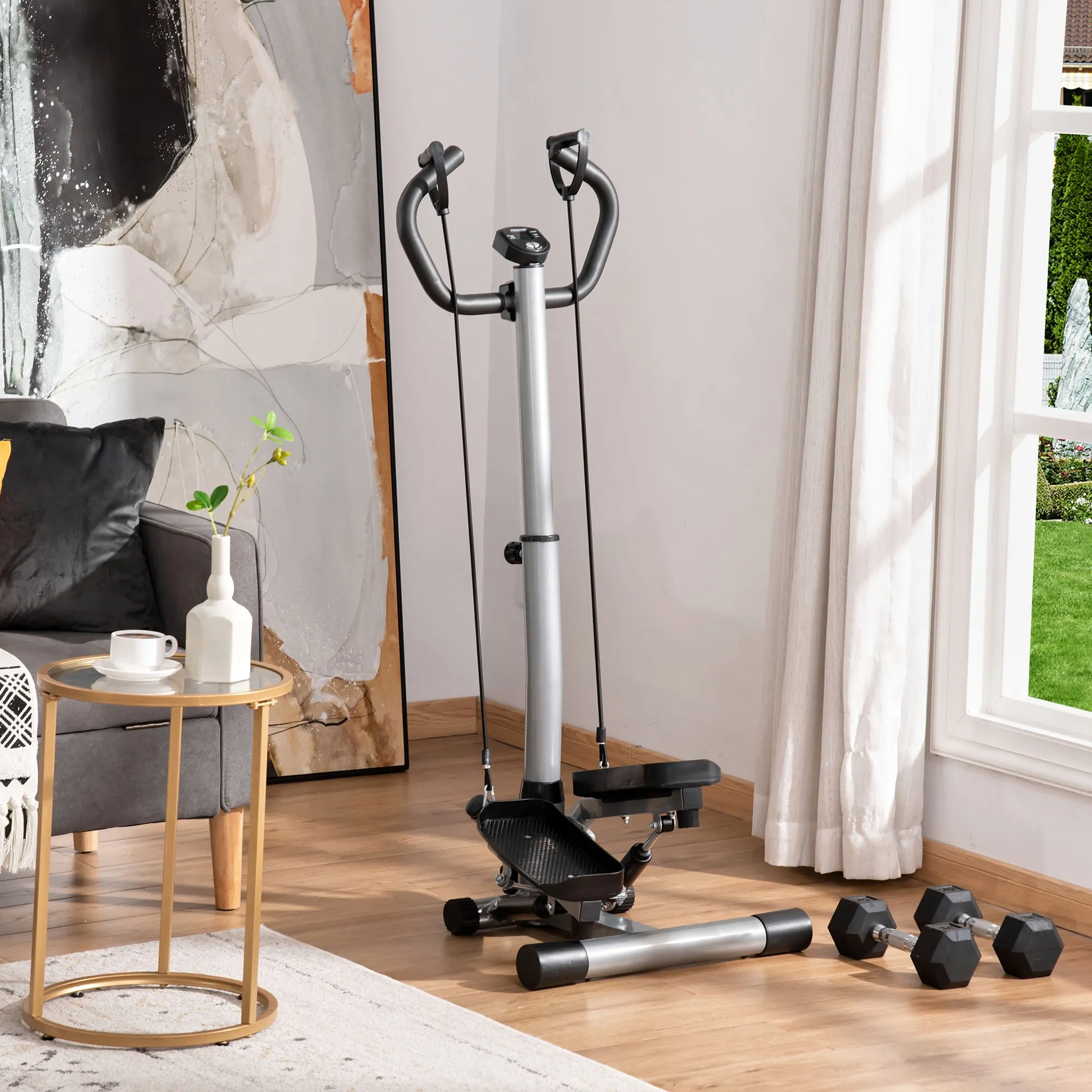 Stepper with Adjustable Handlebar, LCD Monitor and Elastic Bands, 55x53x118-128cm, Black - Image 2