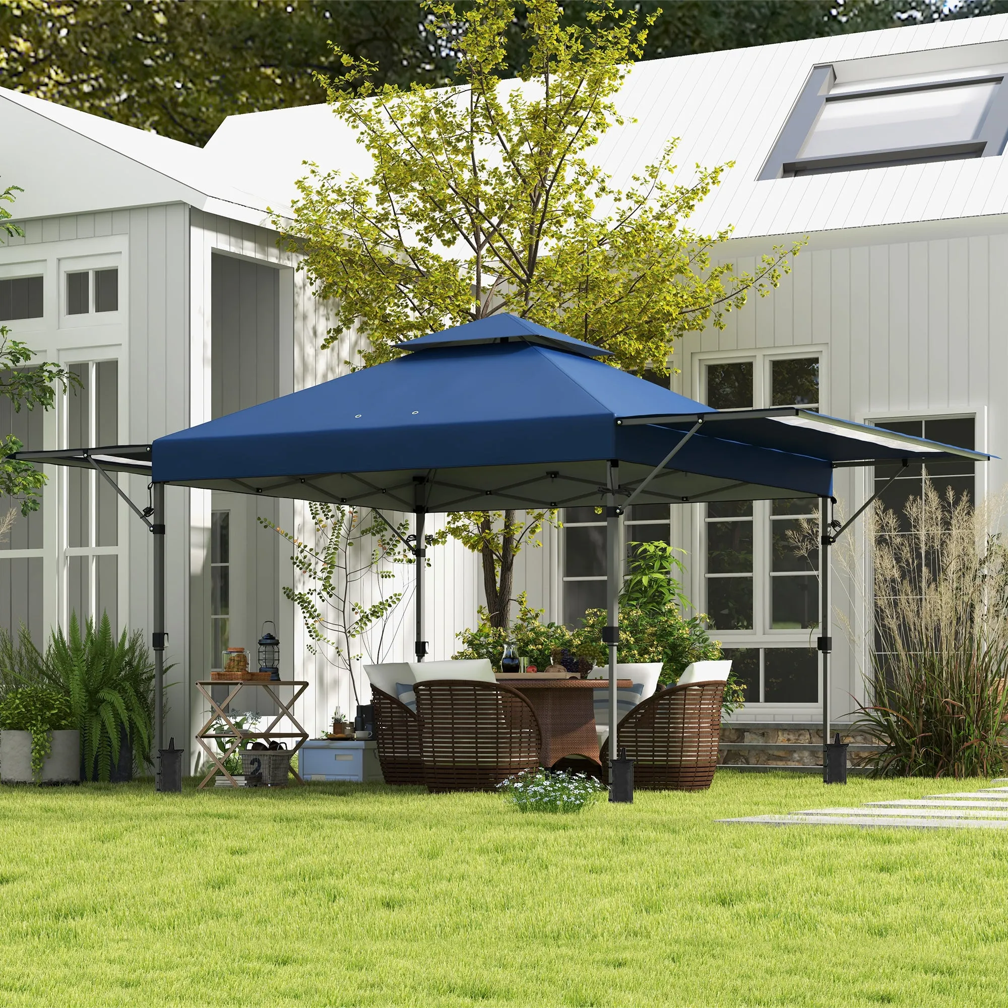 5x3m Folding Gazebo with Extendable Walls, Adjustable Height and Wheeled Bag, Blue - Image 2