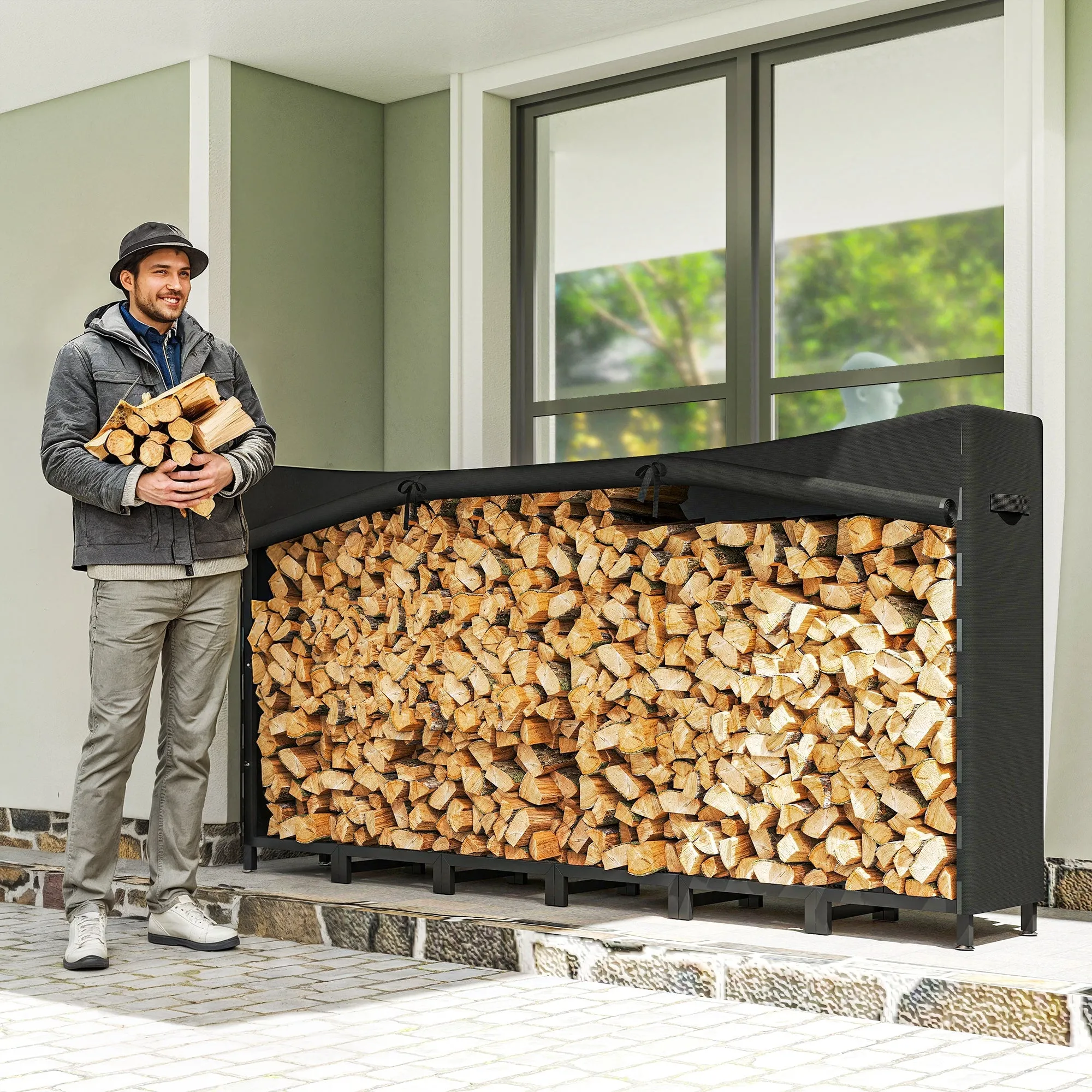 Outdoor Metal Firewood Shed with Waterproof Cover, 0.8m³ Capacity, Adjustable Frame, 235x31x116cm, Black - Image 2