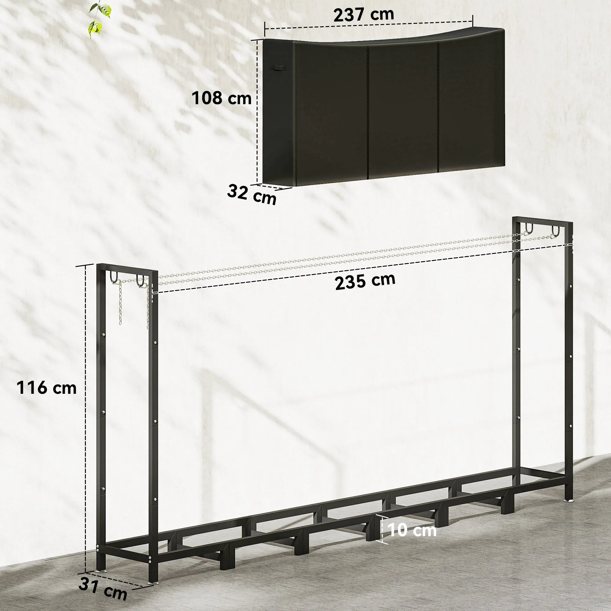 Outdoor Metal Firewood Shed with Waterproof Cover, 0.8m³ Capacity, Adjustable Frame, 235x31x116cm, Black - Image 3