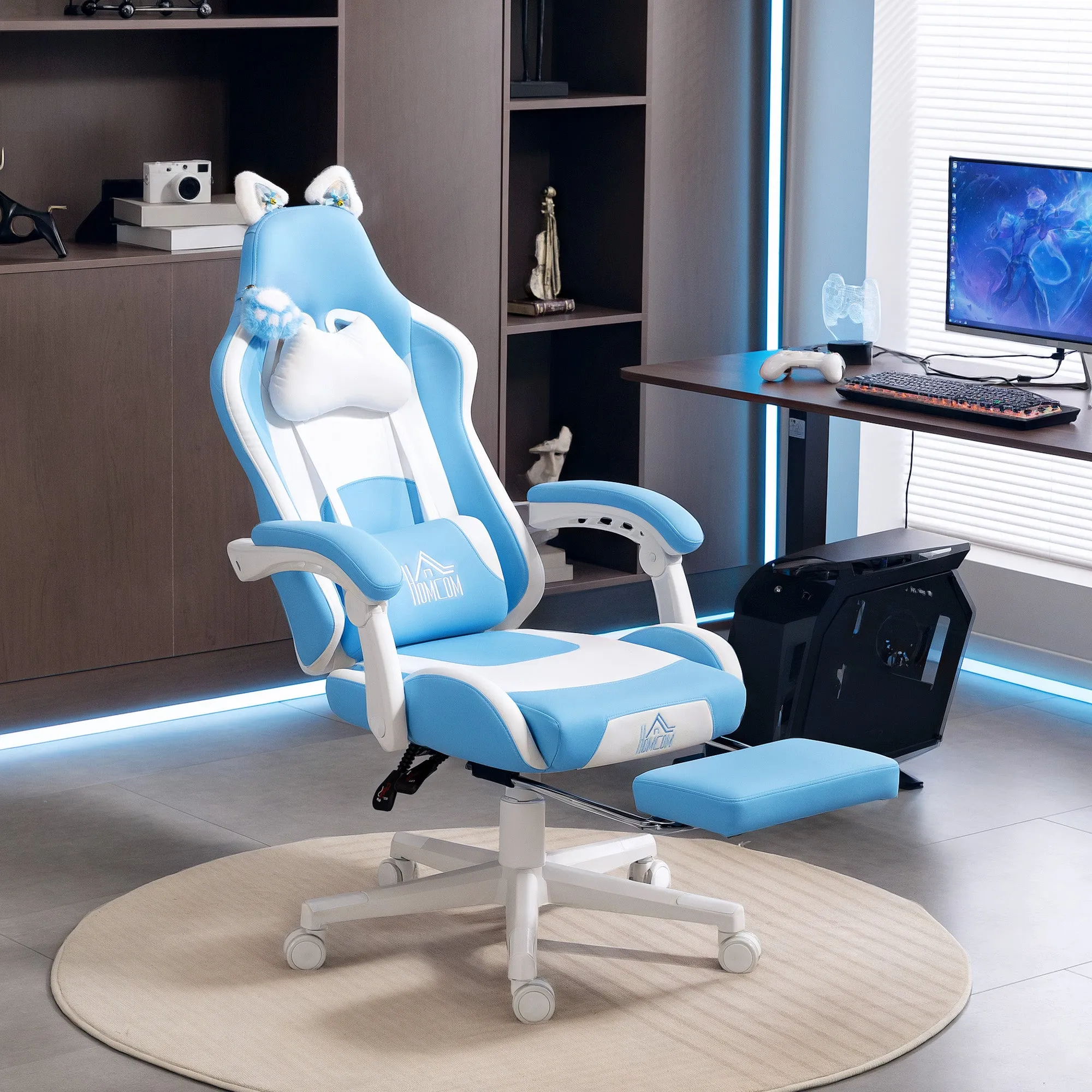 Reclining Gaming Chair with Footrest and Cushions, Faux Leather and Sponge, 65x62x116-124 cm, White and Blue - Image 2