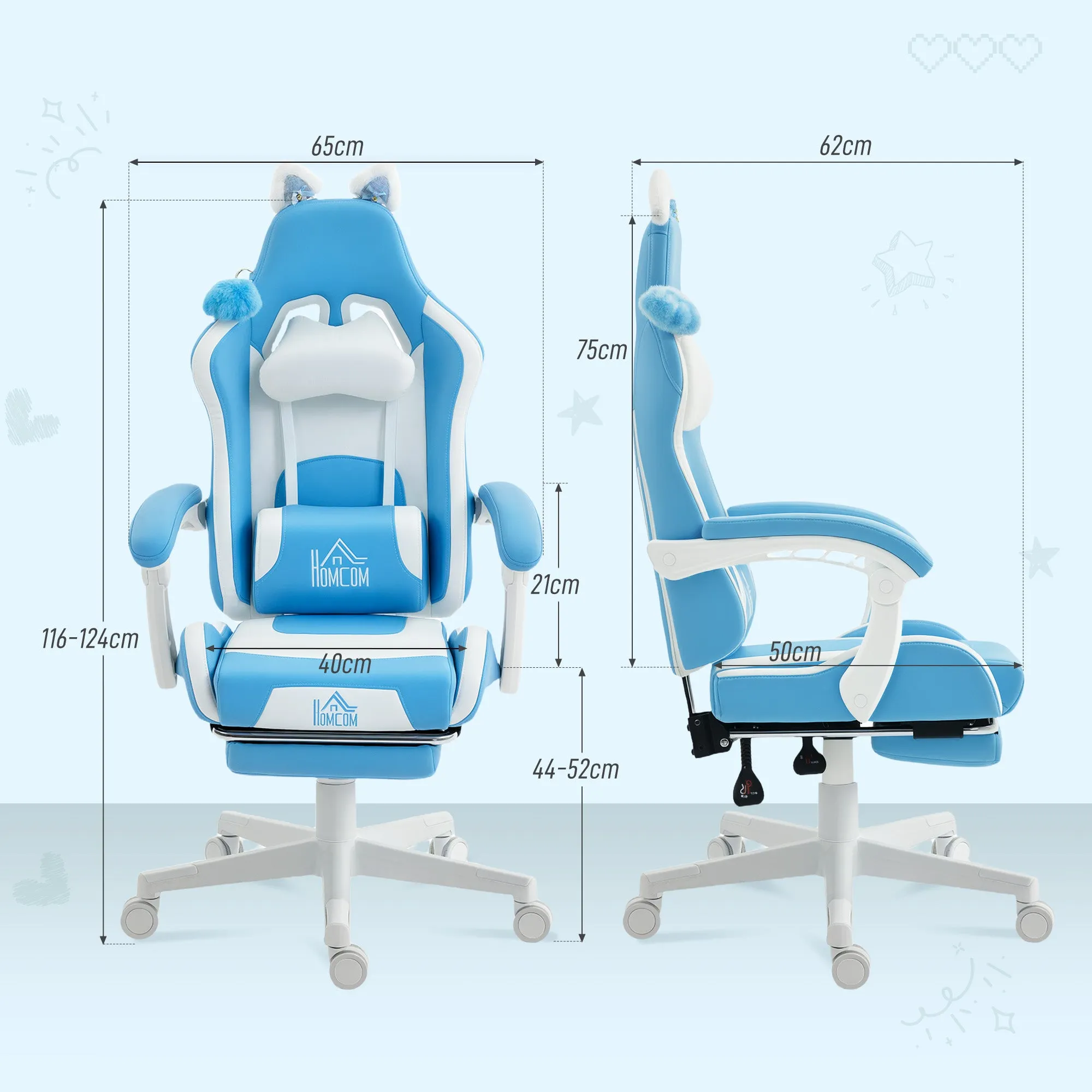 Reclining Gaming Chair with Footrest and Cushions, Faux Leather and Sponge, 65x62x116-124 cm, White and Blue - Image 3