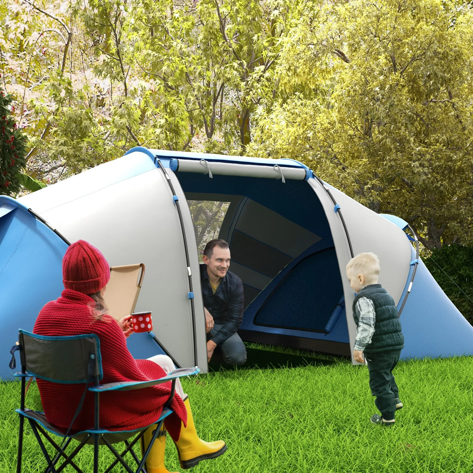 4-Person Camping Tent with 2 Sleeping Areas and Carry Bag, 430×240×170 cm, White and Blue - Image 2