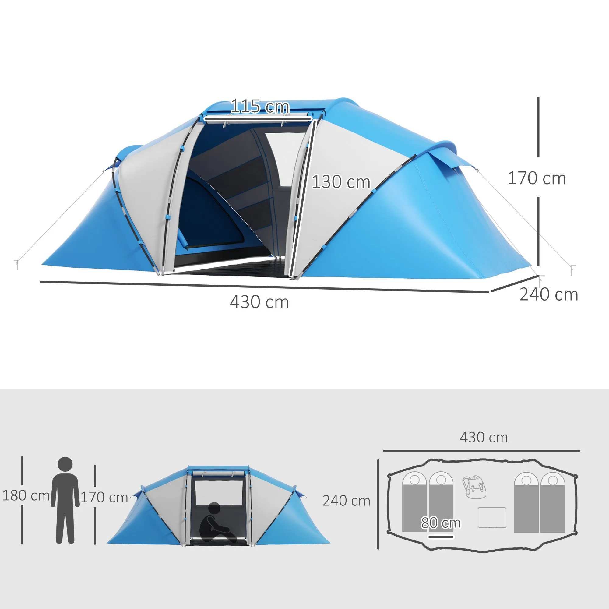 4-Person Camping Tent with 2 Sleeping Areas and Carry Bag, 430×240×170 cm, White and Blue - Image 3