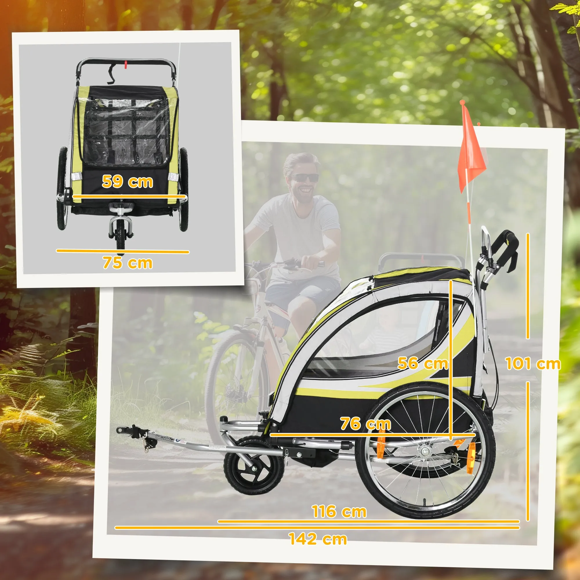 Kids Bike Trailer and Stroller, 2-in-1 Design with Brake, 5-Point Harness, Bicycle Trailer with Side Pockets, Reflectors and Flag, Yellow - Image 3