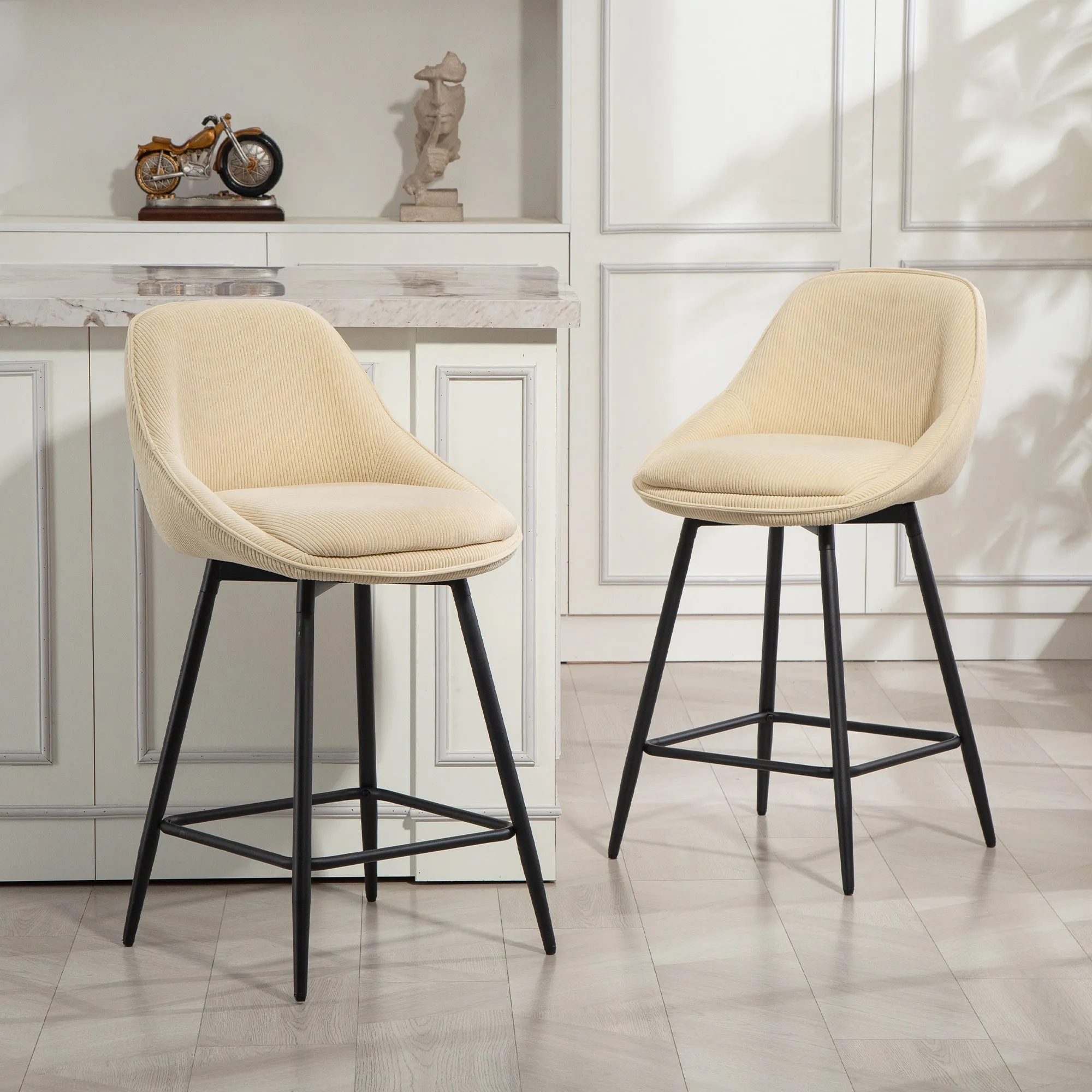 Set of 2 Swivel Bar Stools with Backrest and Armrests, Corduroy Upholstery and Footrest, Beige - Image 2
