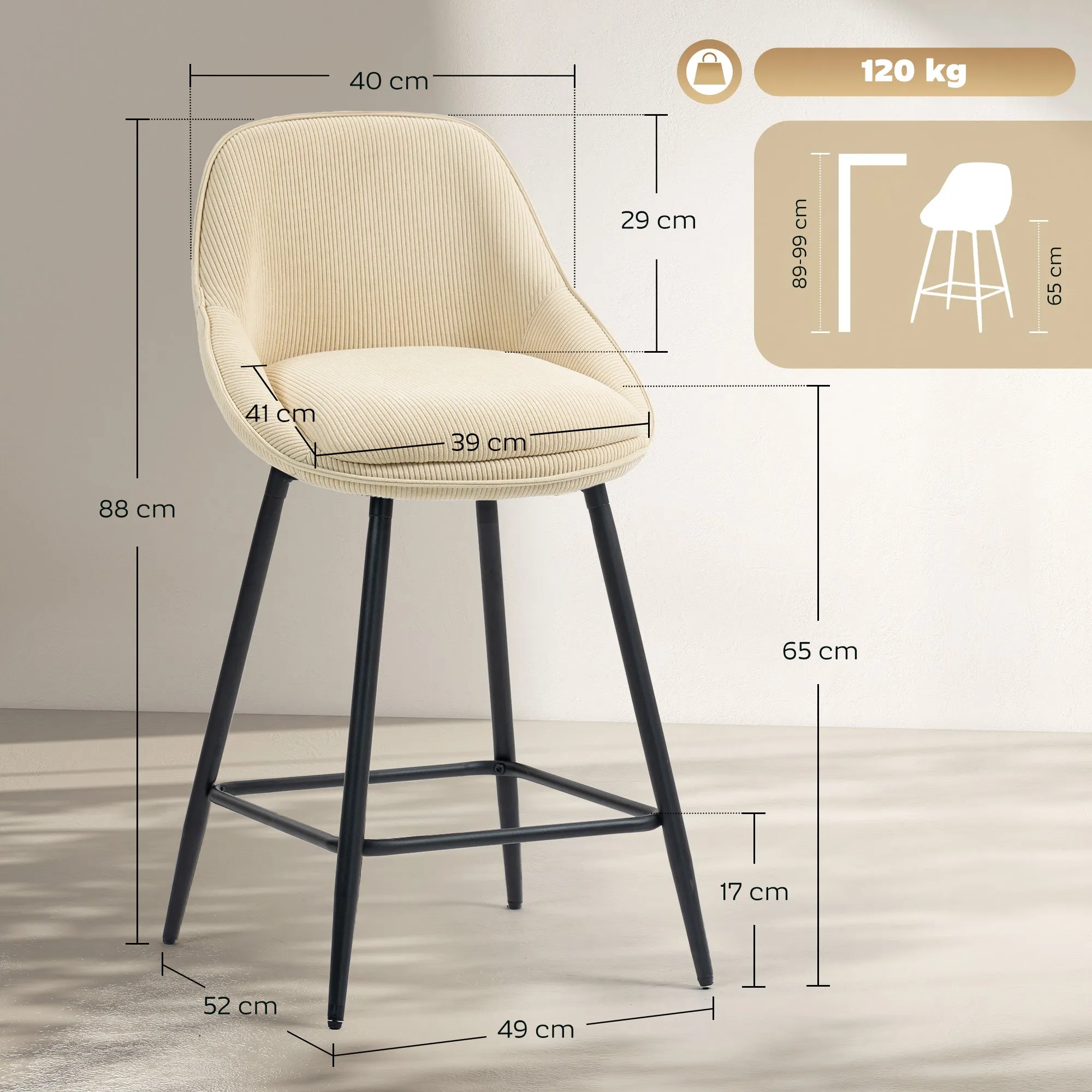 Set of 2 Swivel Bar Stools with Backrest and Armrests, Corduroy Upholstery and Footrest, Beige - Image 3