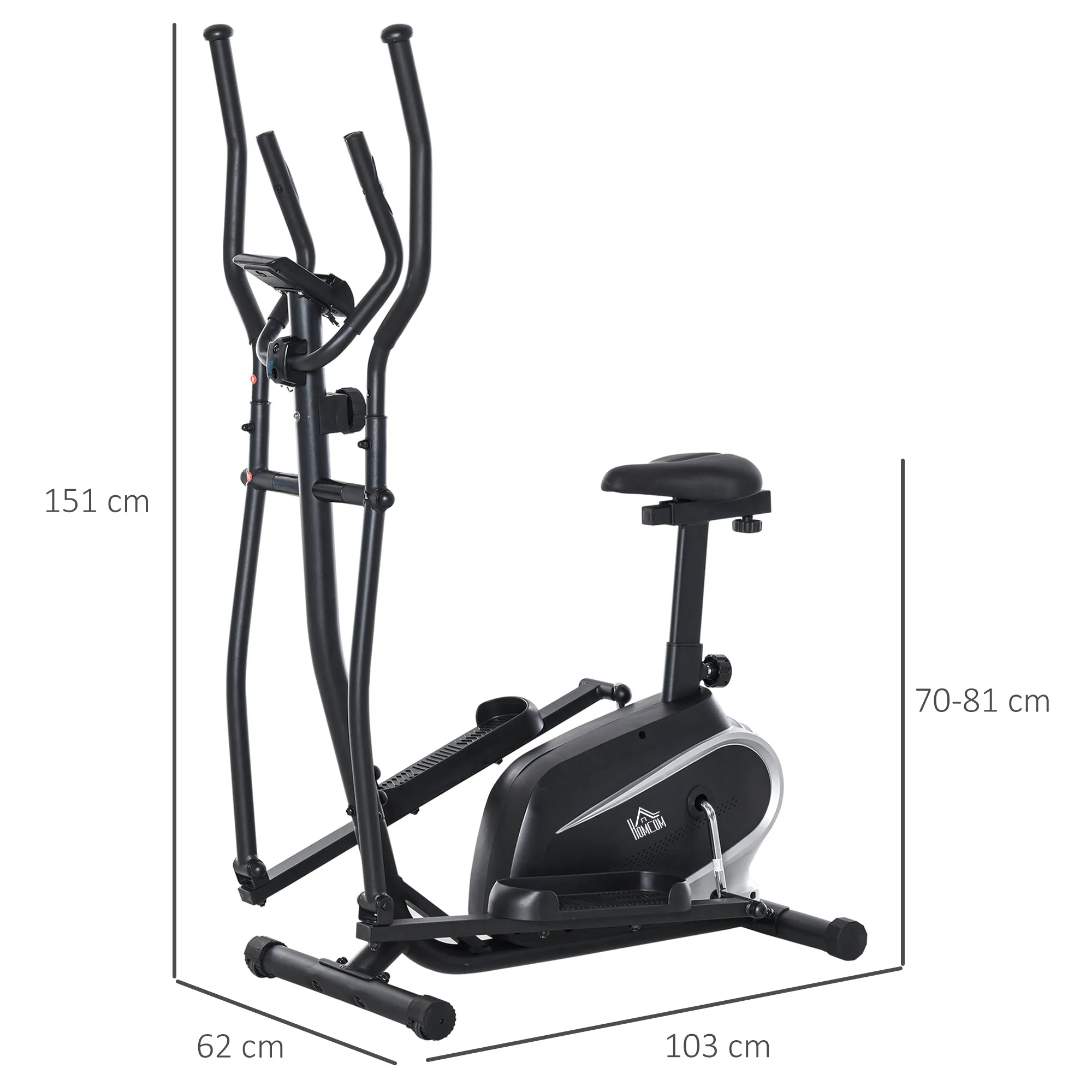 Magnetic Home Elliptical Trainer with LCD Screen, 8 Resistance Levels and Adjustable Seat, 103x62x151cm Black - Image 3