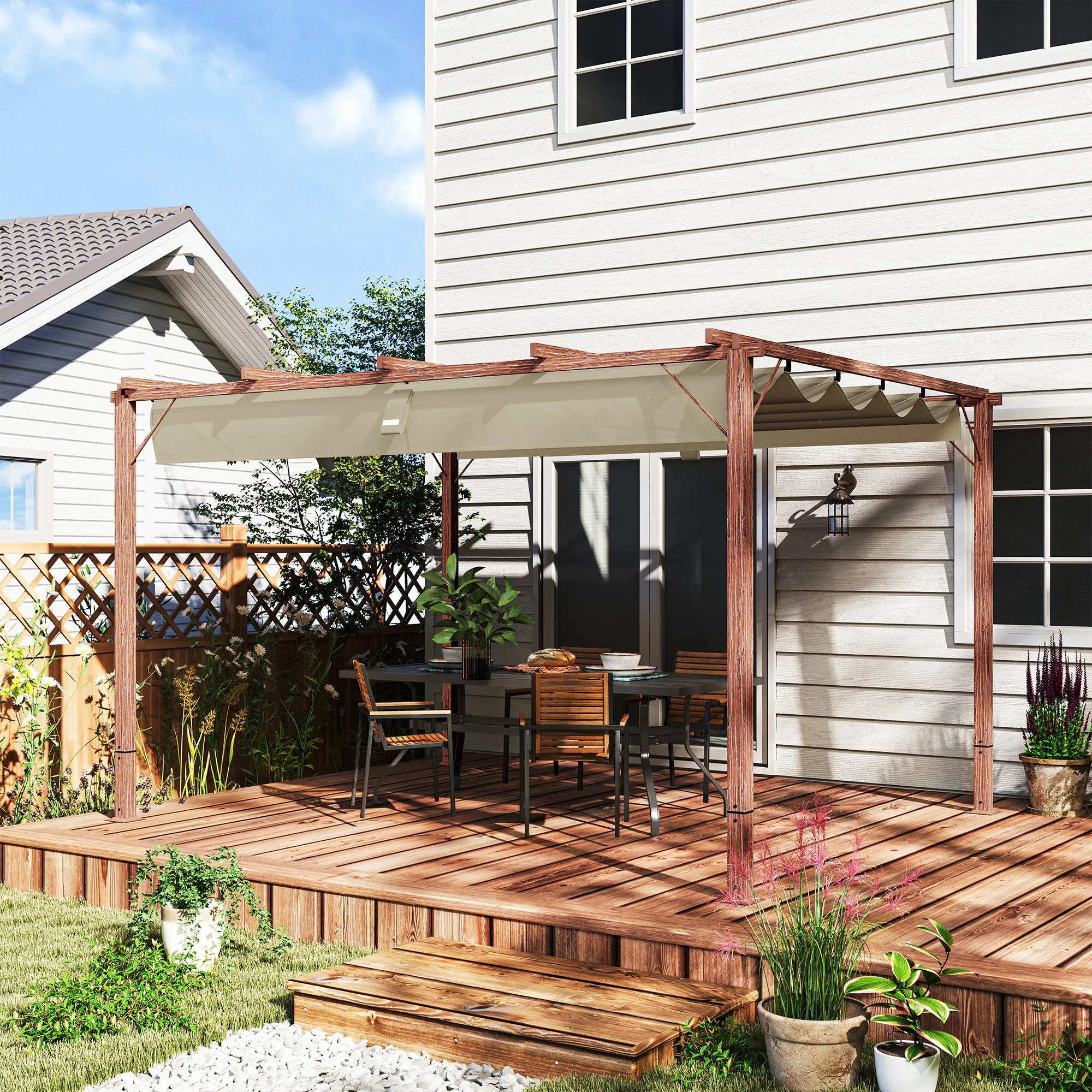 Gazebo Pergola with Retractable Roof, Pegs and Screws, in Polyester and Aluminum, 382x300x232 cm, Wood Color - Image 2