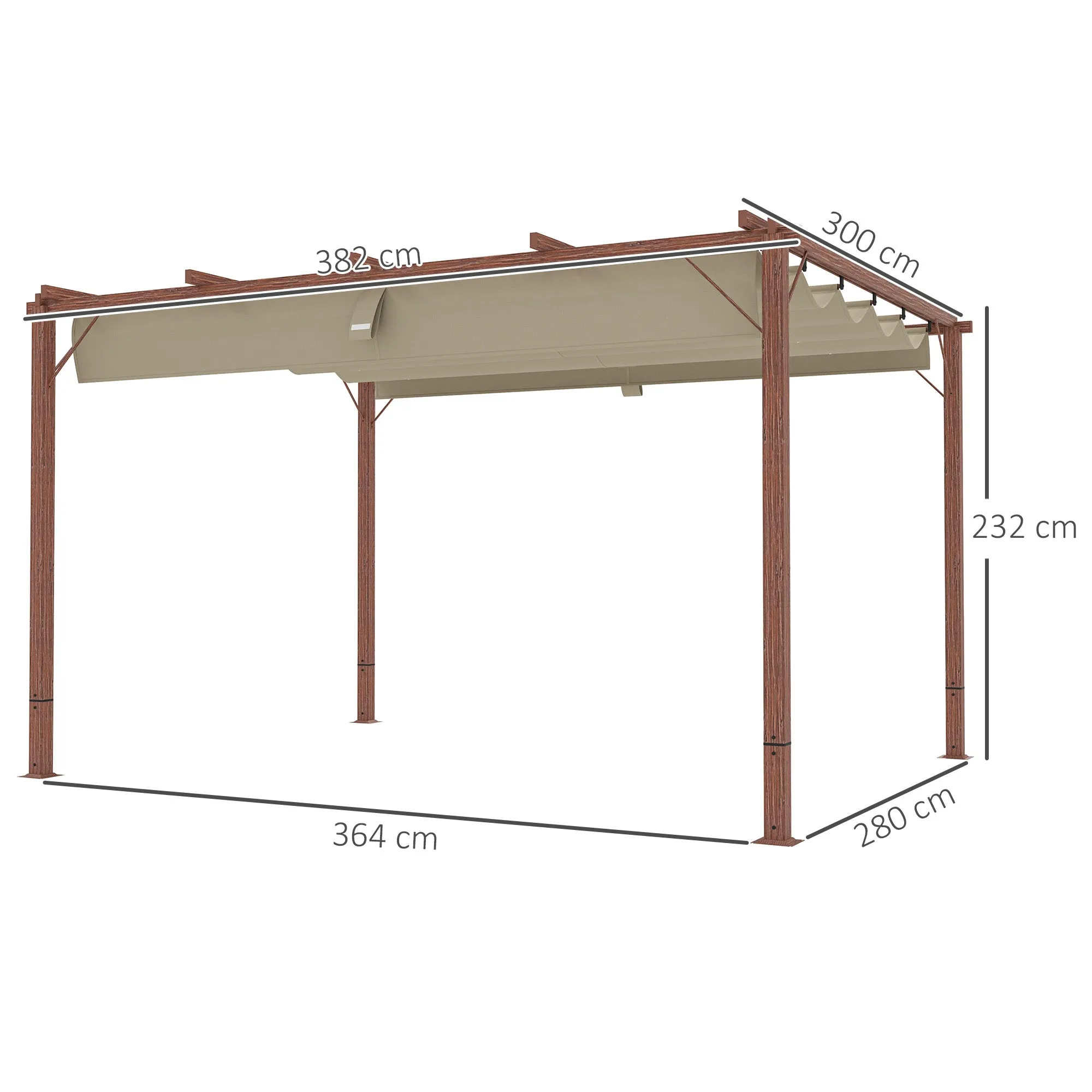 Gazebo Pergola with Retractable Roof, Pegs and Screws, in Polyester and Aluminum, 382x300x232 cm, Wood Color - Image 3