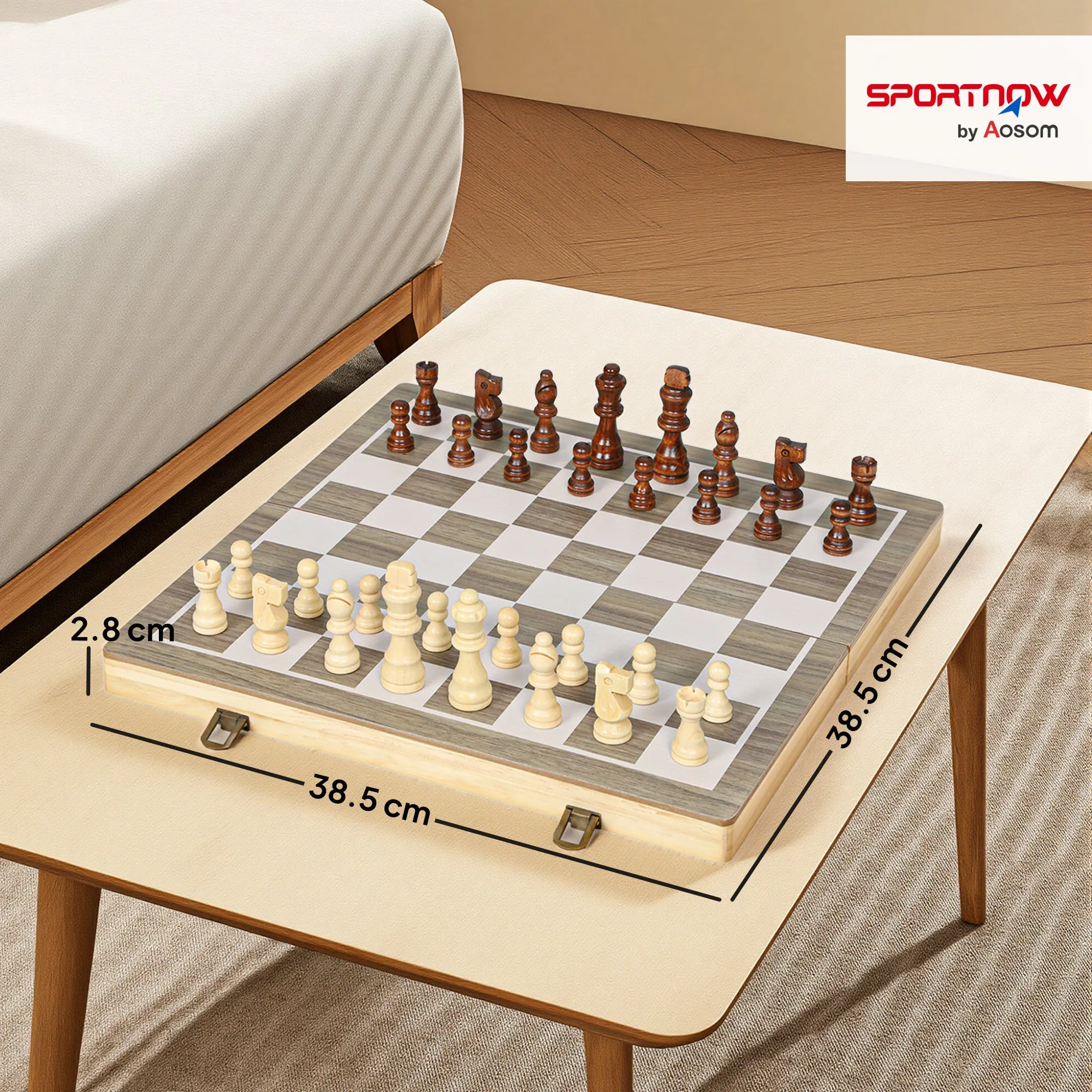 SPORTNOW Folding Chess and Checkers Board with Compartments, Wood and Metal, 38.5 x 38.5 x 2.8 cm, Black and White - Image 3
