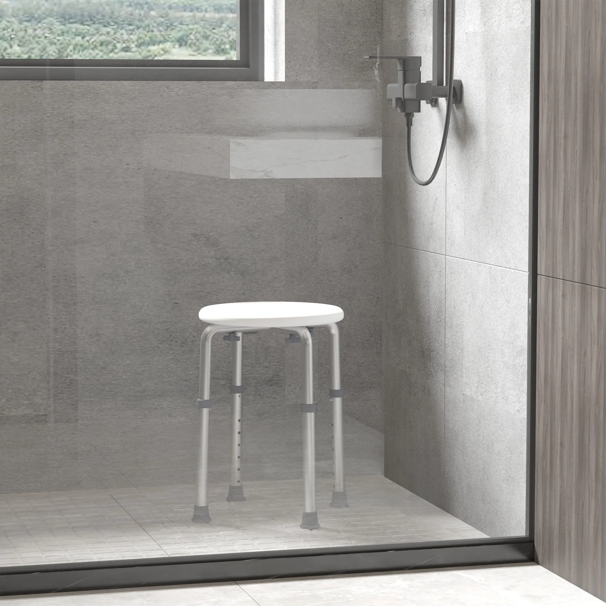 Round Shower Stool for the Elderly, Disabled Bath Chair with 8-Position Adjustable Height, Non-Slip Feet, Made of Aluminum and PE, White - Image 2