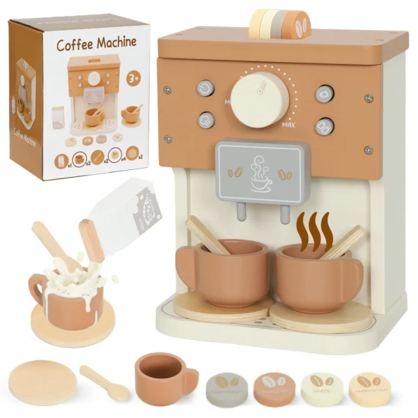 Wooden Toy Coffee Machine Set for Children from 3 Years Old with Accessories, Brown
