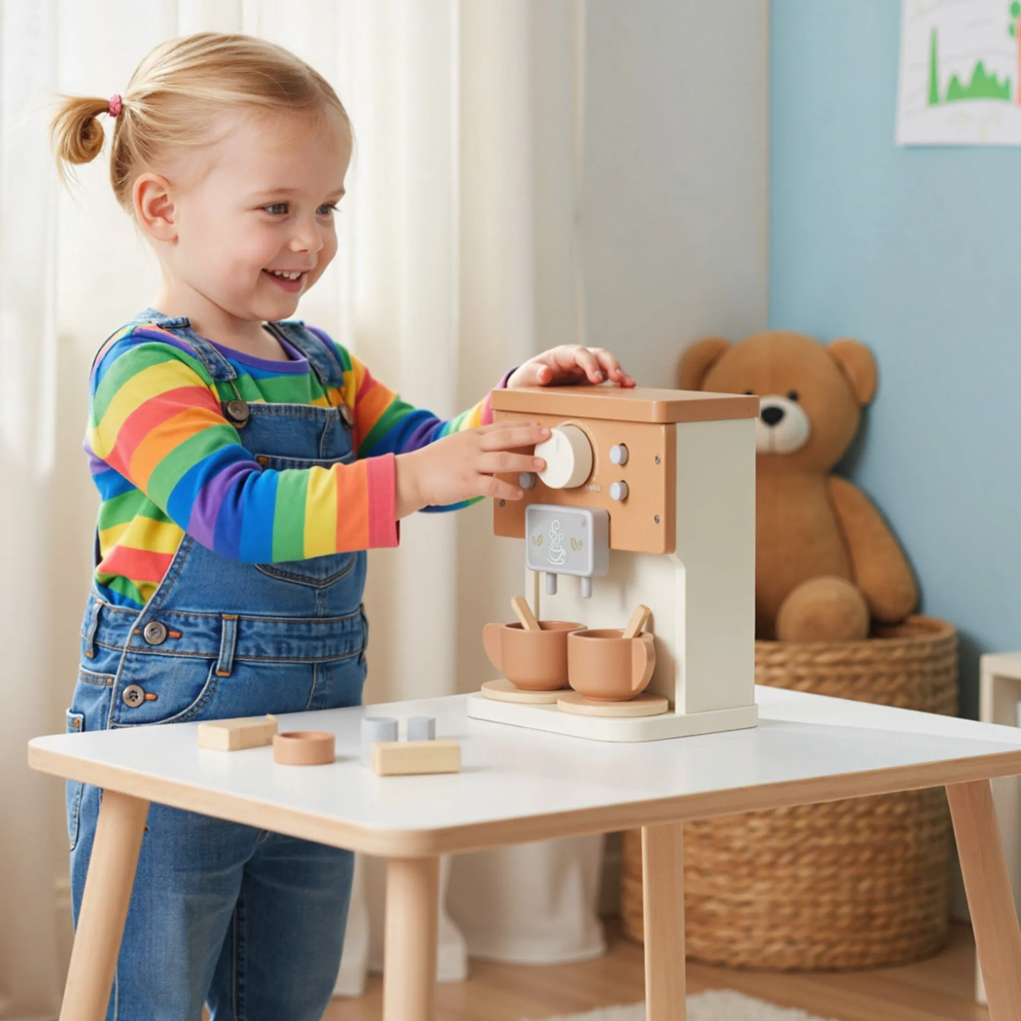 Wooden Toy Coffee Machine Set for Children from 3 Years Old with Accessories, Brown - Image 2