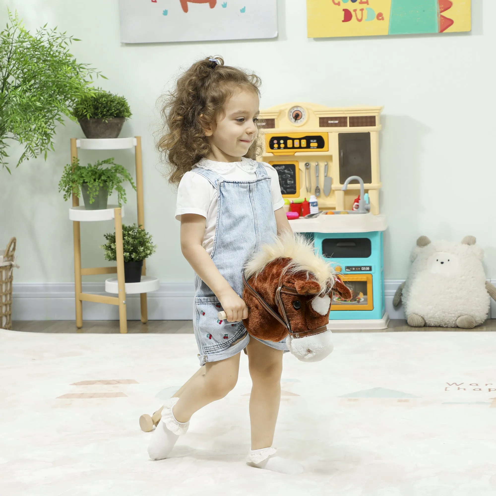 Horse with Stick and Realistic Sounds for Children 24+ Months, in Polyester and Wood, 95x25x27 cm, Brown - Image 2