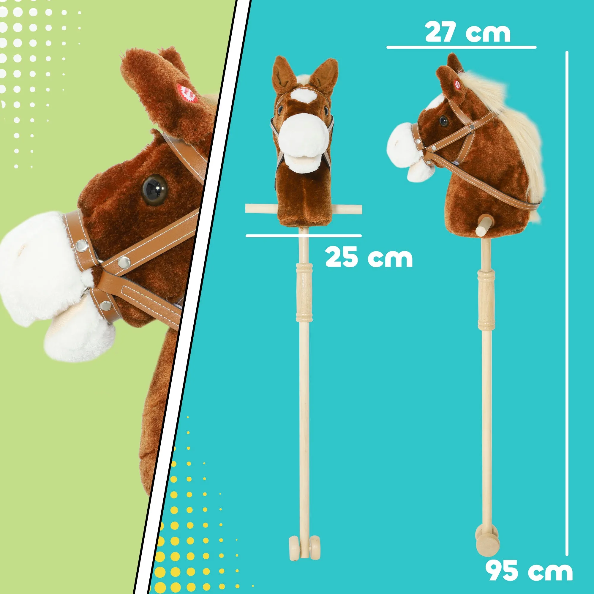 Horse with Stick and Realistic Sounds for Children 24+ Months, in Polyester and Wood, 95x25x27 cm, Brown - Image 3