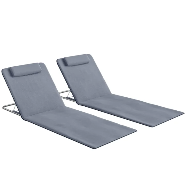 Outsunny Set of 2 Beach Chairs with 5-Level Adjustable Backrest, Headrest and Travel Bag, Folding Beach Loungers in Steel and PE, 134x48x33-43 cm, Grey