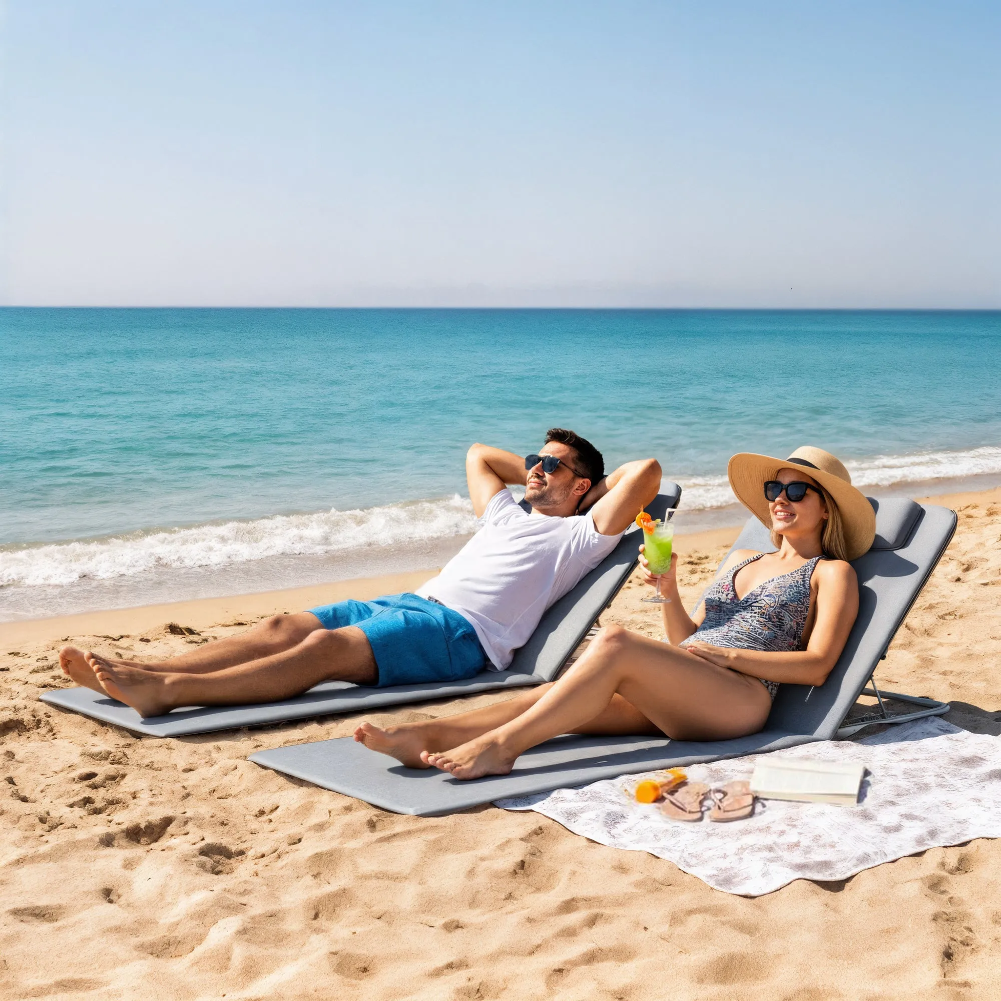 Outsunny Set of 2 Beach Chairs with 5-Level Adjustable Backrest, Headrest and Travel Bag, Folding Beach Loungers in Steel and PE, 134x48x33-43 cm, Grey - Image 2