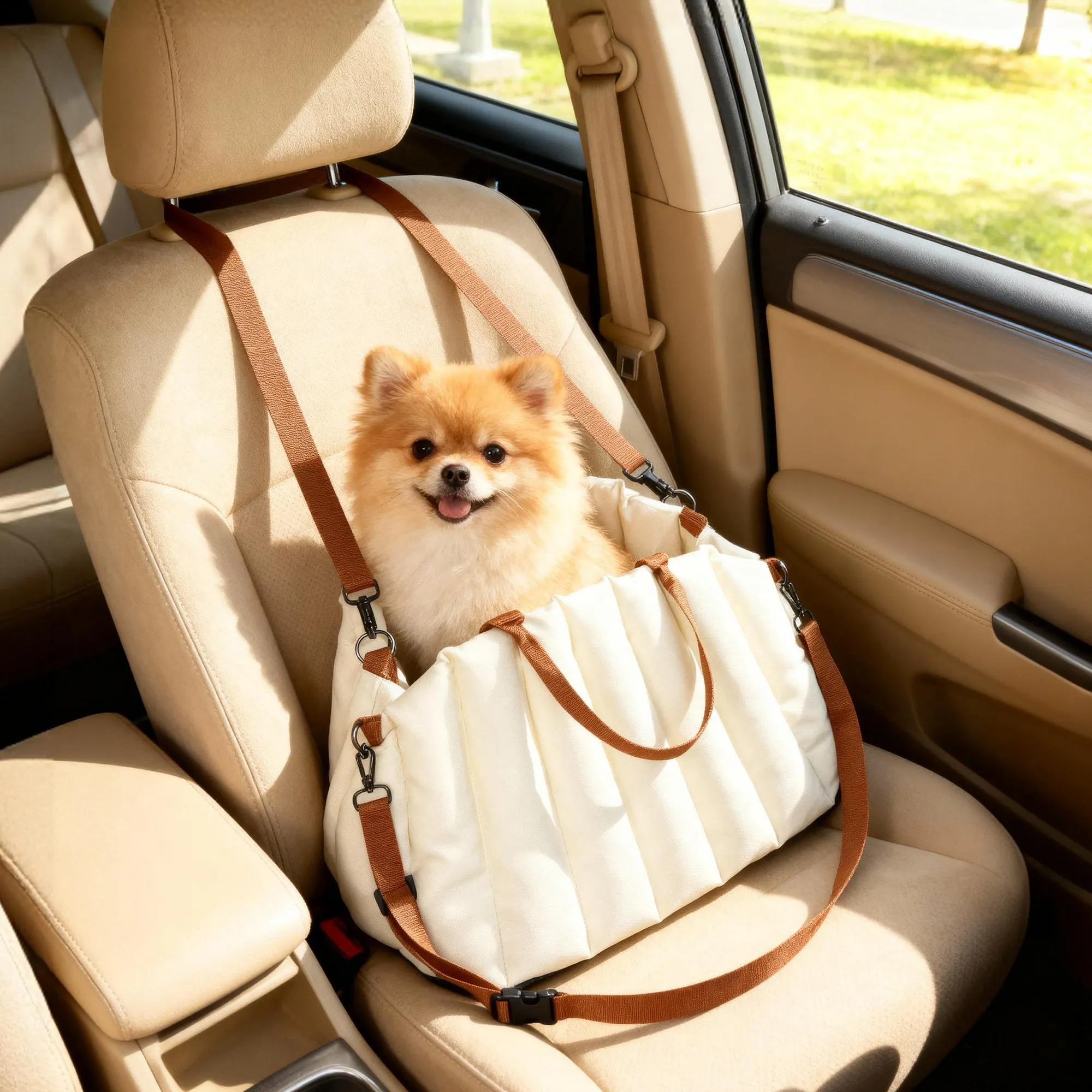 Small Dog Car Seat with Leash and Non-Slip Base, Convertible to Pet Carrier, Cream - Image 2