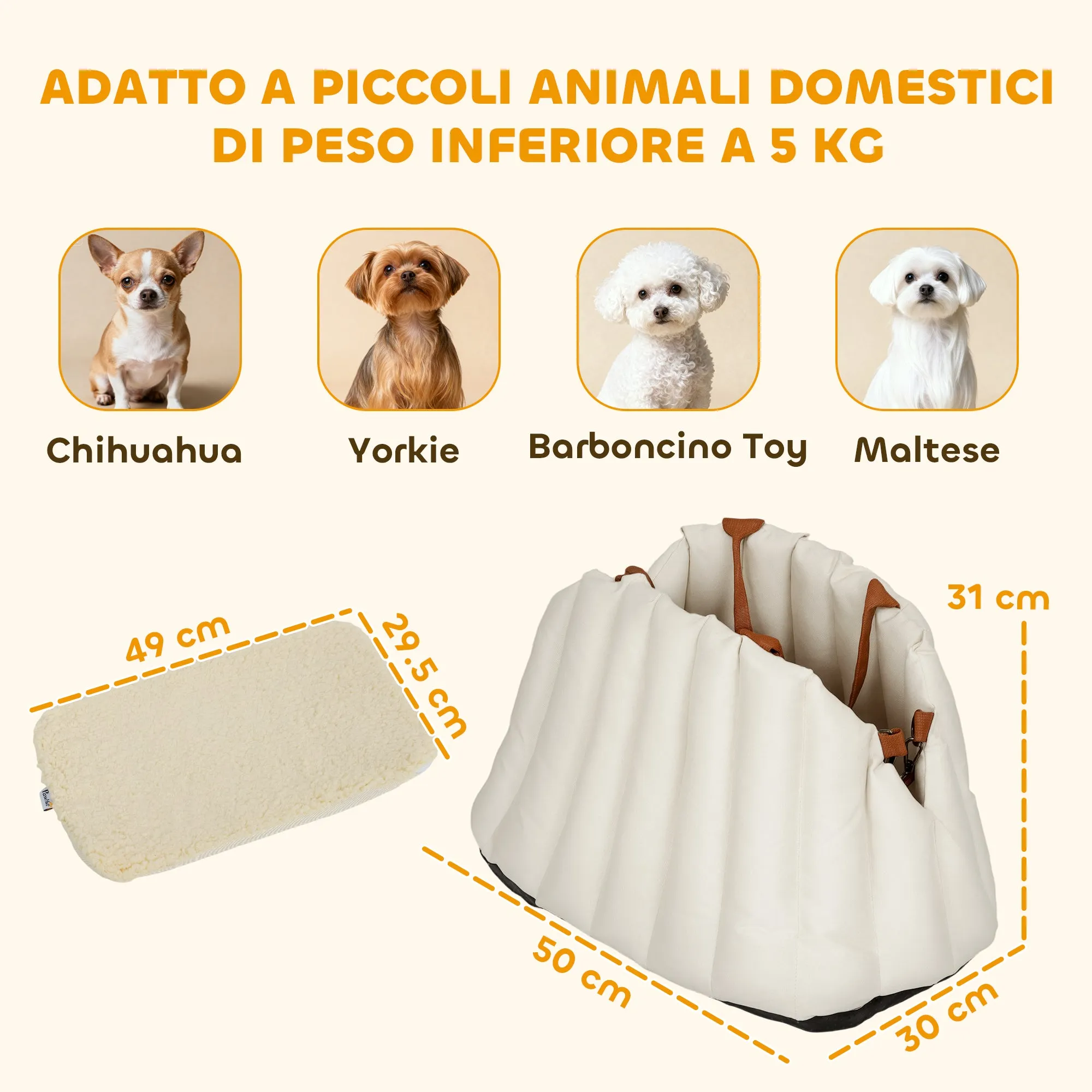 Small Dog Car Seat with Leash and Non-Slip Base, Convertible to Pet Carrier, Cream - Image 3