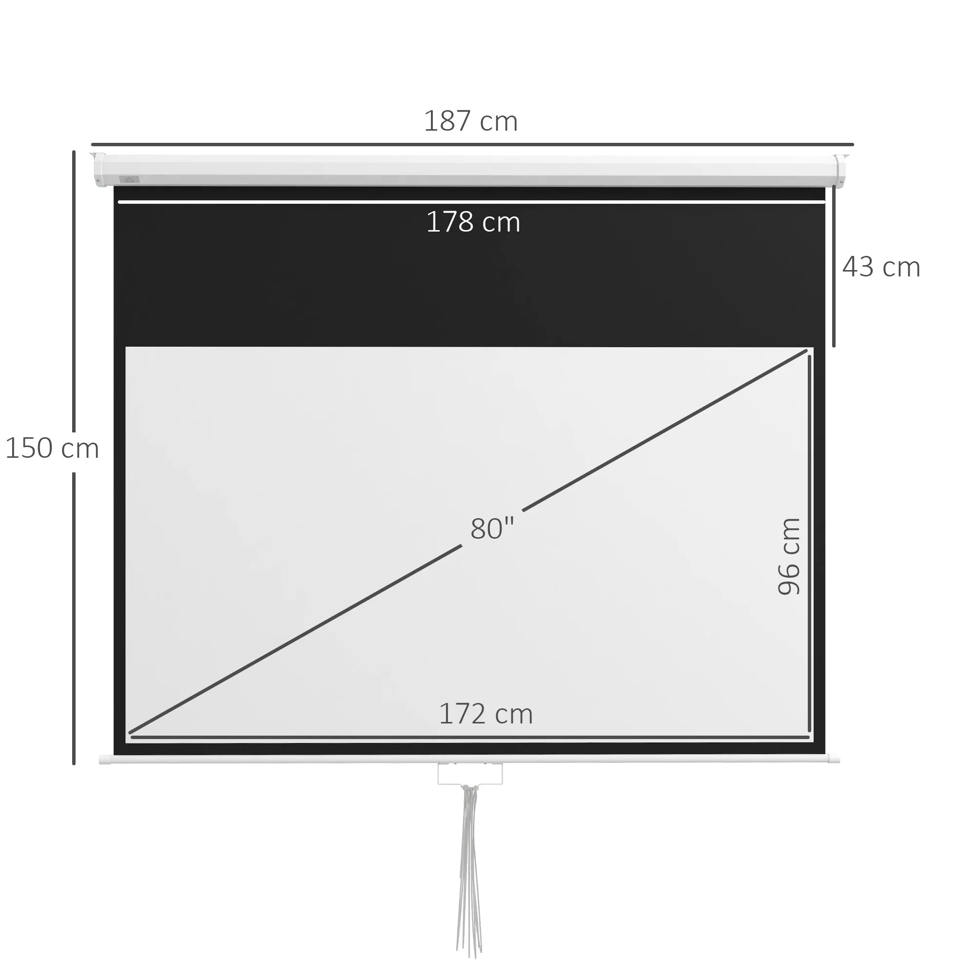 80" 16:9 Projector Screen with Adjustment Cord, Plastic and Metal, 187x8x150 cm, White - Image 3