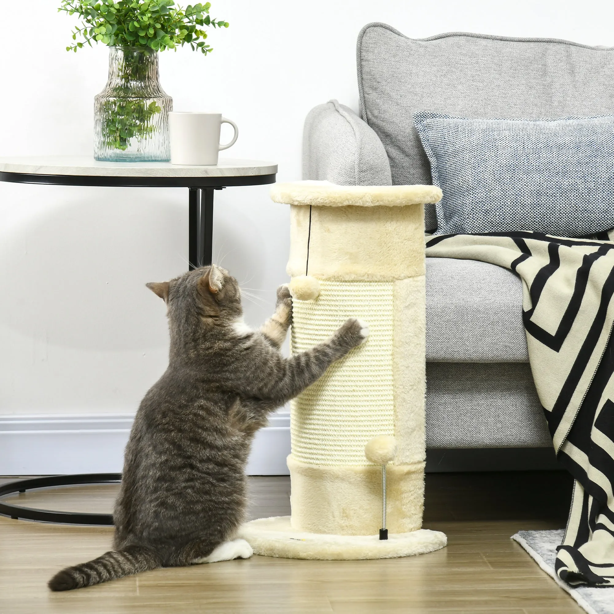 Cat Scratching Post for Cats up to 5kg with 2 Sisal Balls and Plush, 34x25.5x58cm, Beige - Image 2