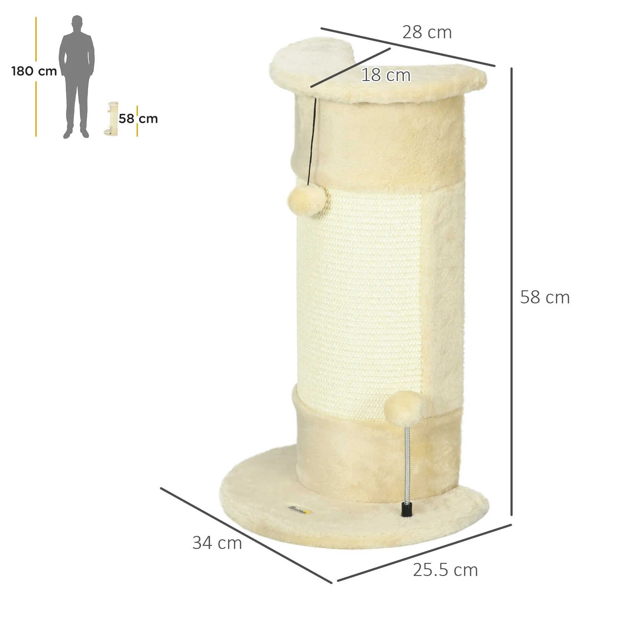 Cat Scratching Post for Cats up to 5kg with 2 Sisal Balls and Plush, 34x25.5x58cm, Beige - Image 3